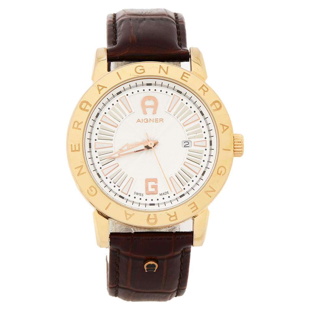 Aigner Silver Gold Plated Stainless Steel Leather Cortina A26000 Men's Wristwatch 42 mm