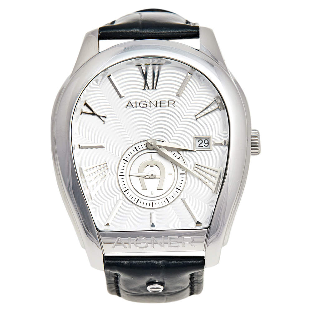 Pre Owned Aigner Silver Stainless Steel Leather Milano A131100 Men's Wristwatch 42 mm