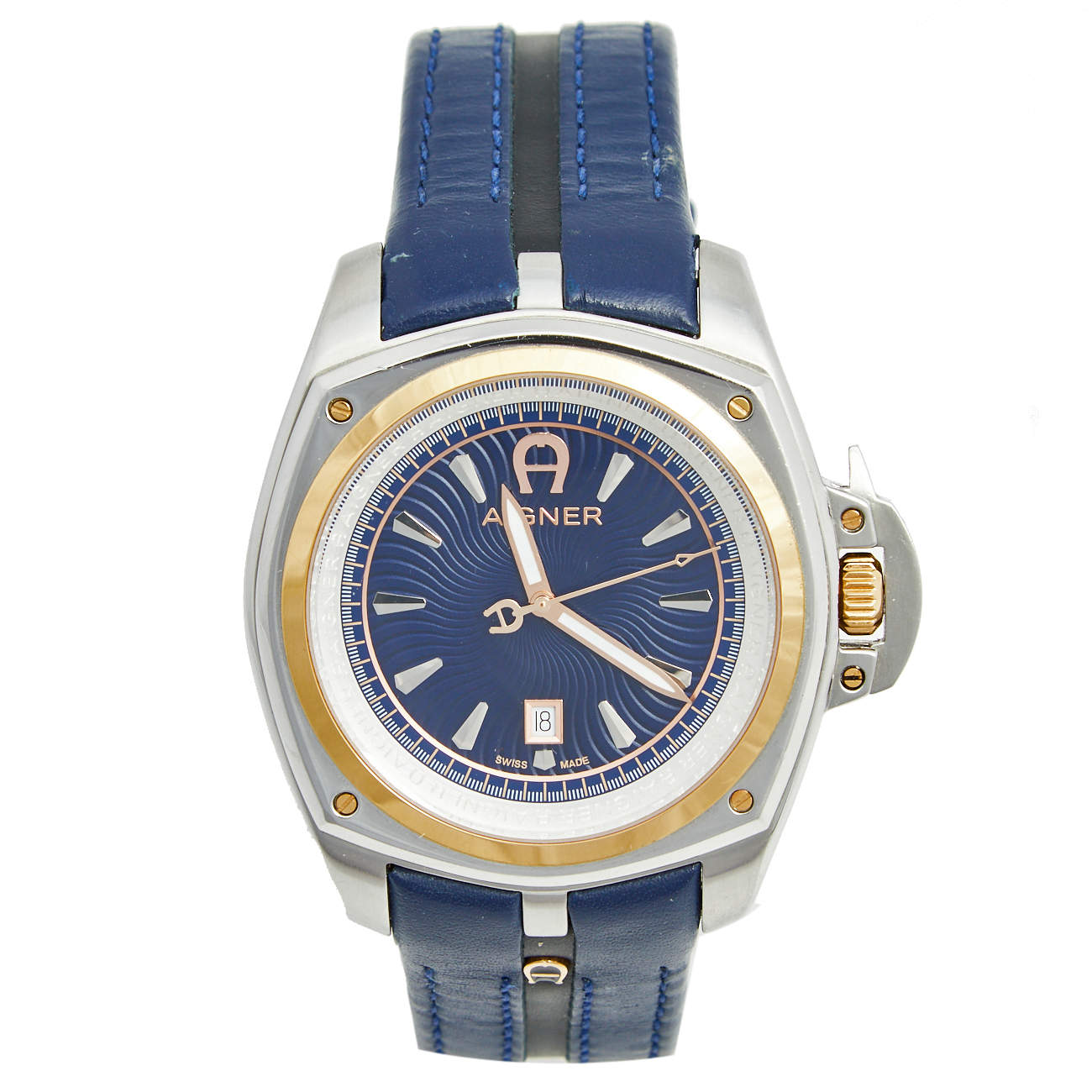 Aigner Blue Two Tone Stainless Steel Leather Lucca A18100 Men's Wristwatch 45 mm