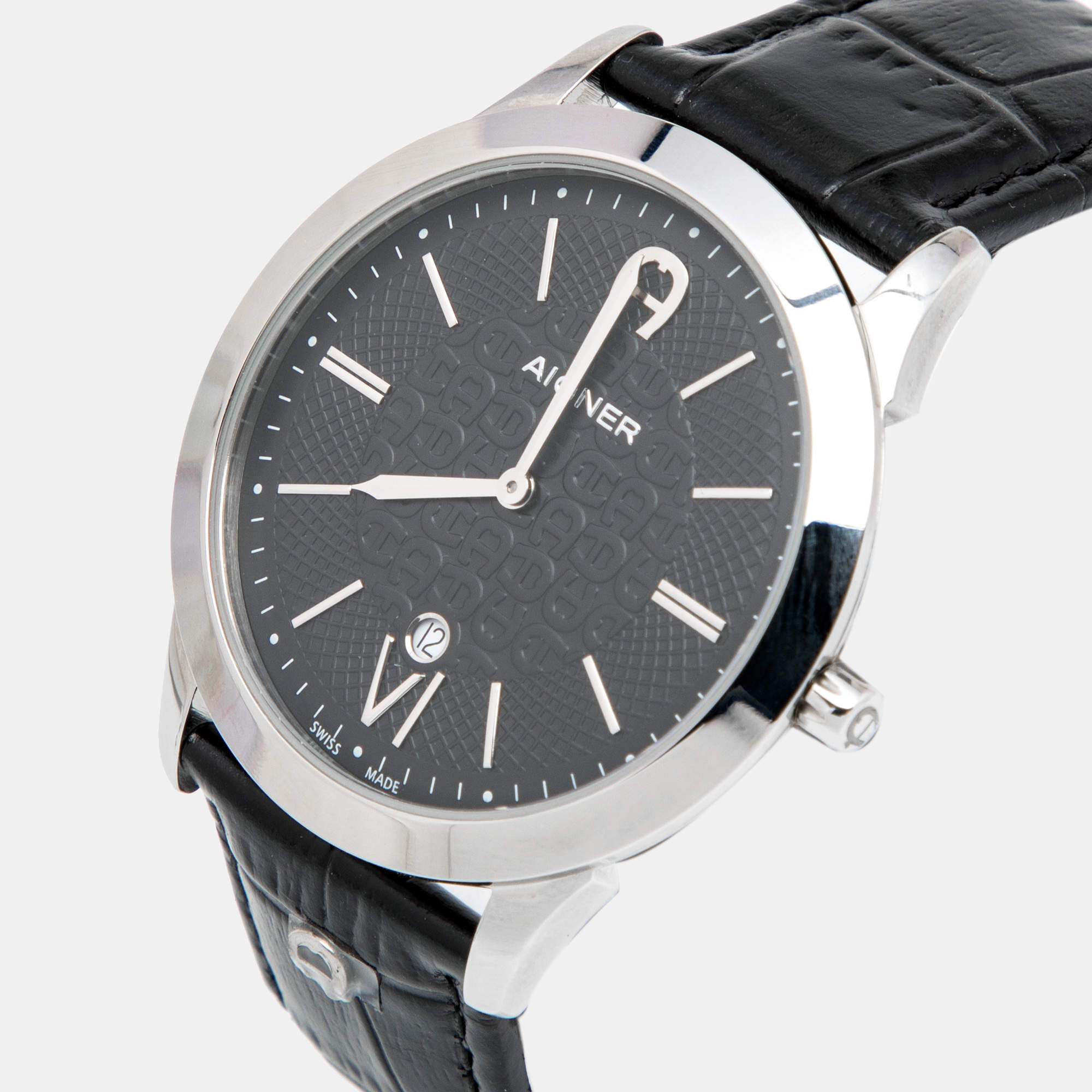 Aigner Black Stainless Steel Leather Treviso A44000 Men s