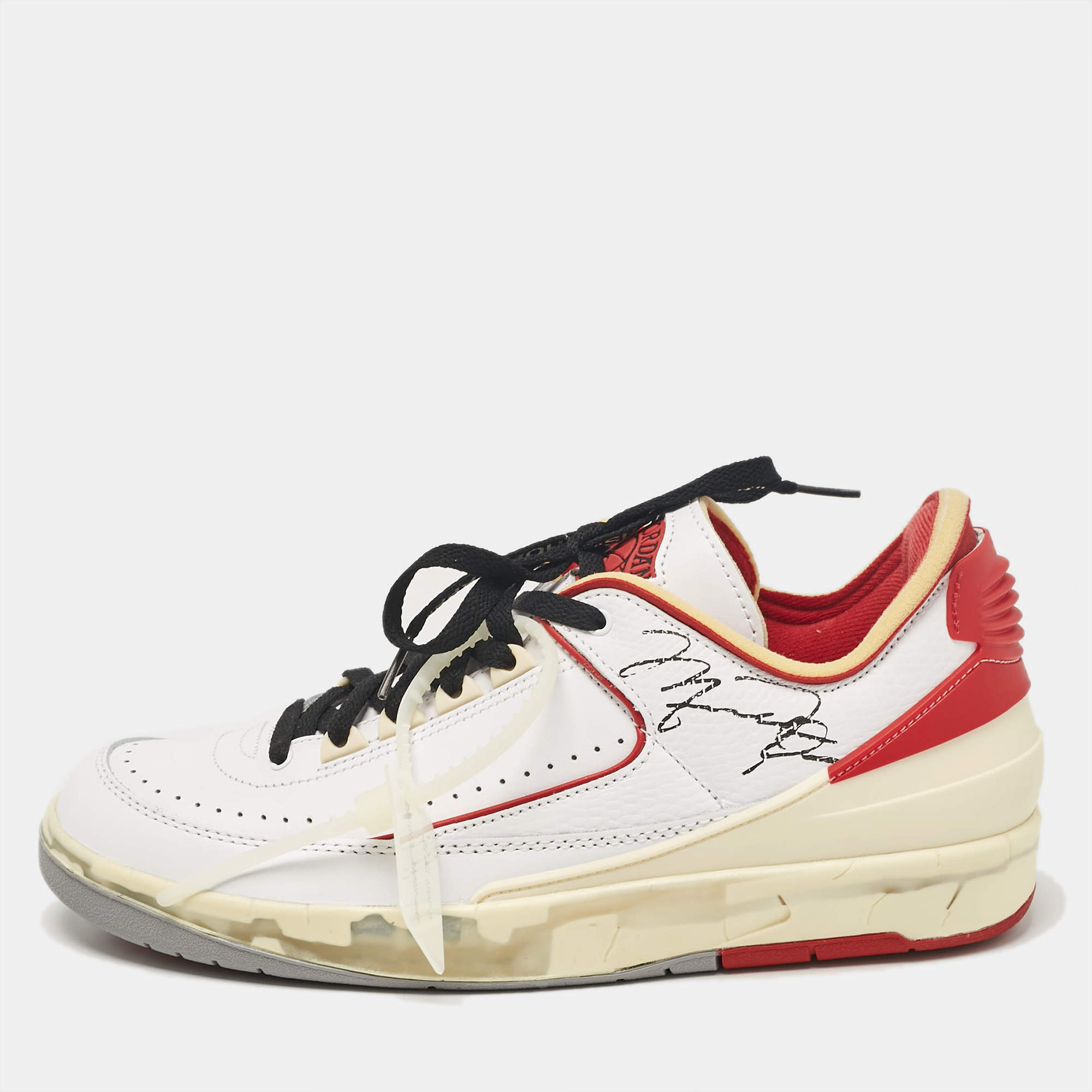 Pre Owned Air Jordans x Off-White White/Red Leather Jordan 2 Retro Low SP Sneakers Size 43