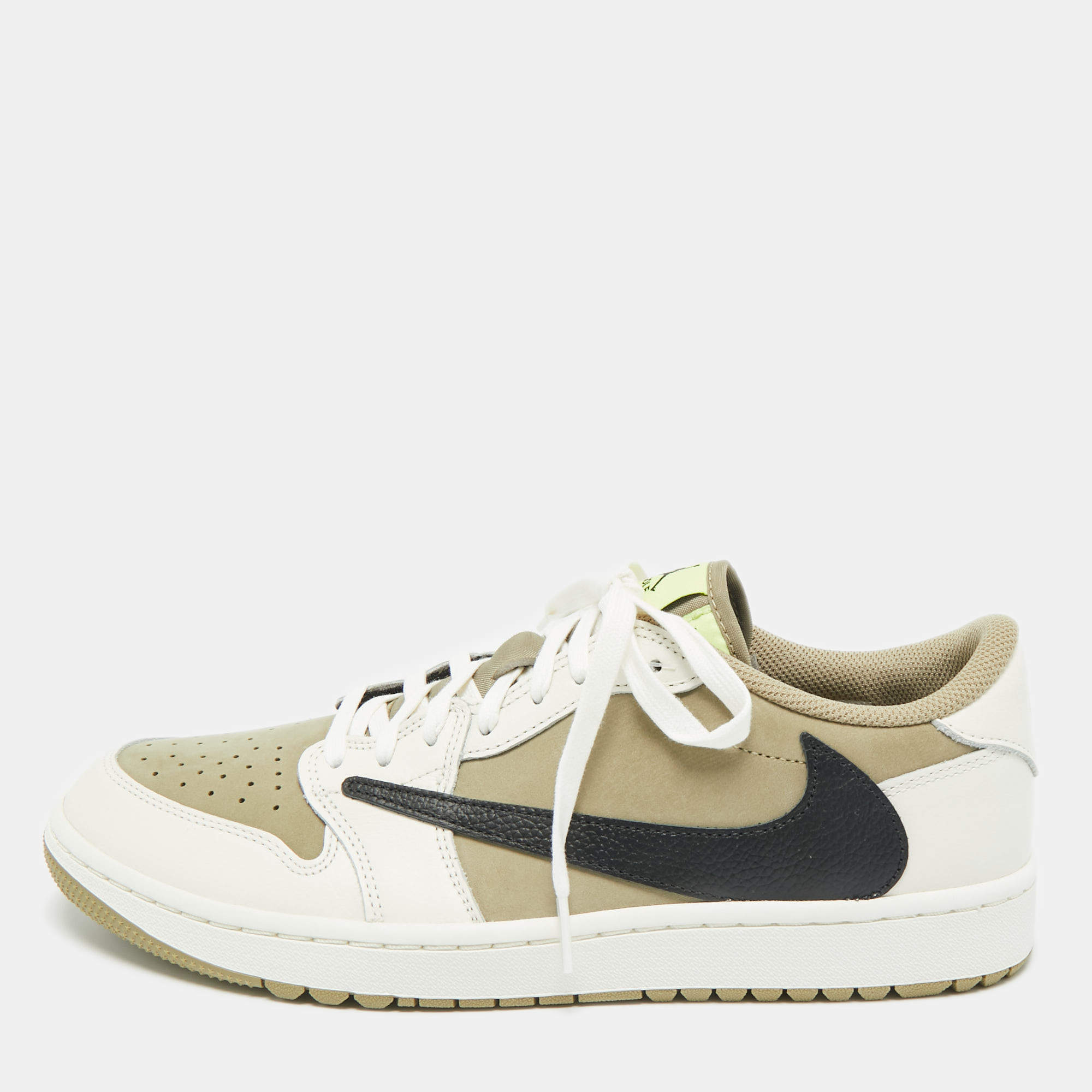 Pre Owned Air Jordans Multicolor Nubuck and Leather Jordan 1 Retro Low Golf Travis Scott Neutral Olive Sneakers Size 44.5