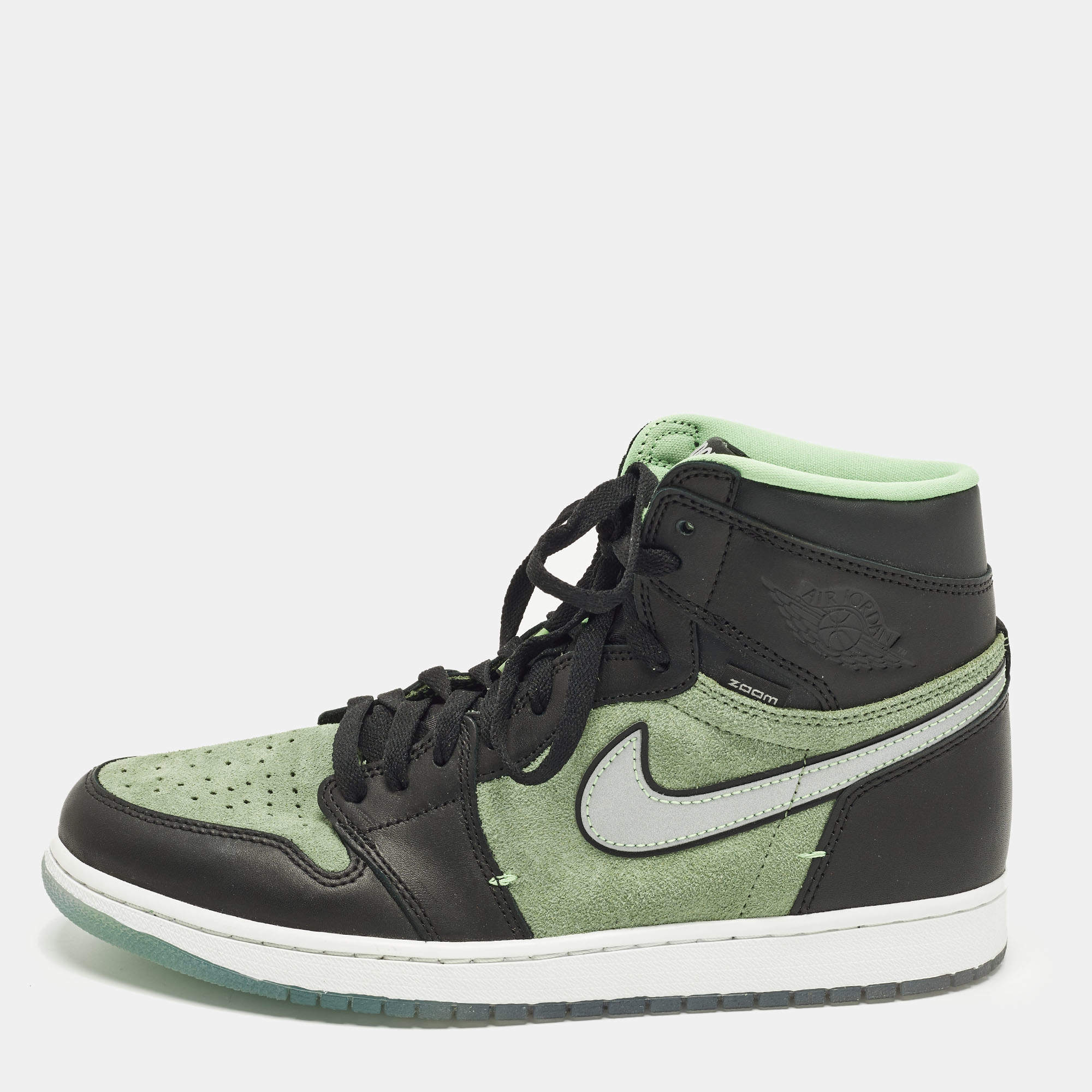 Pre Owned Air Jordans Jordan 1 Retro High Zoom Zen Green Size 45 Green/Black Suede and Leather High Top Sneakers