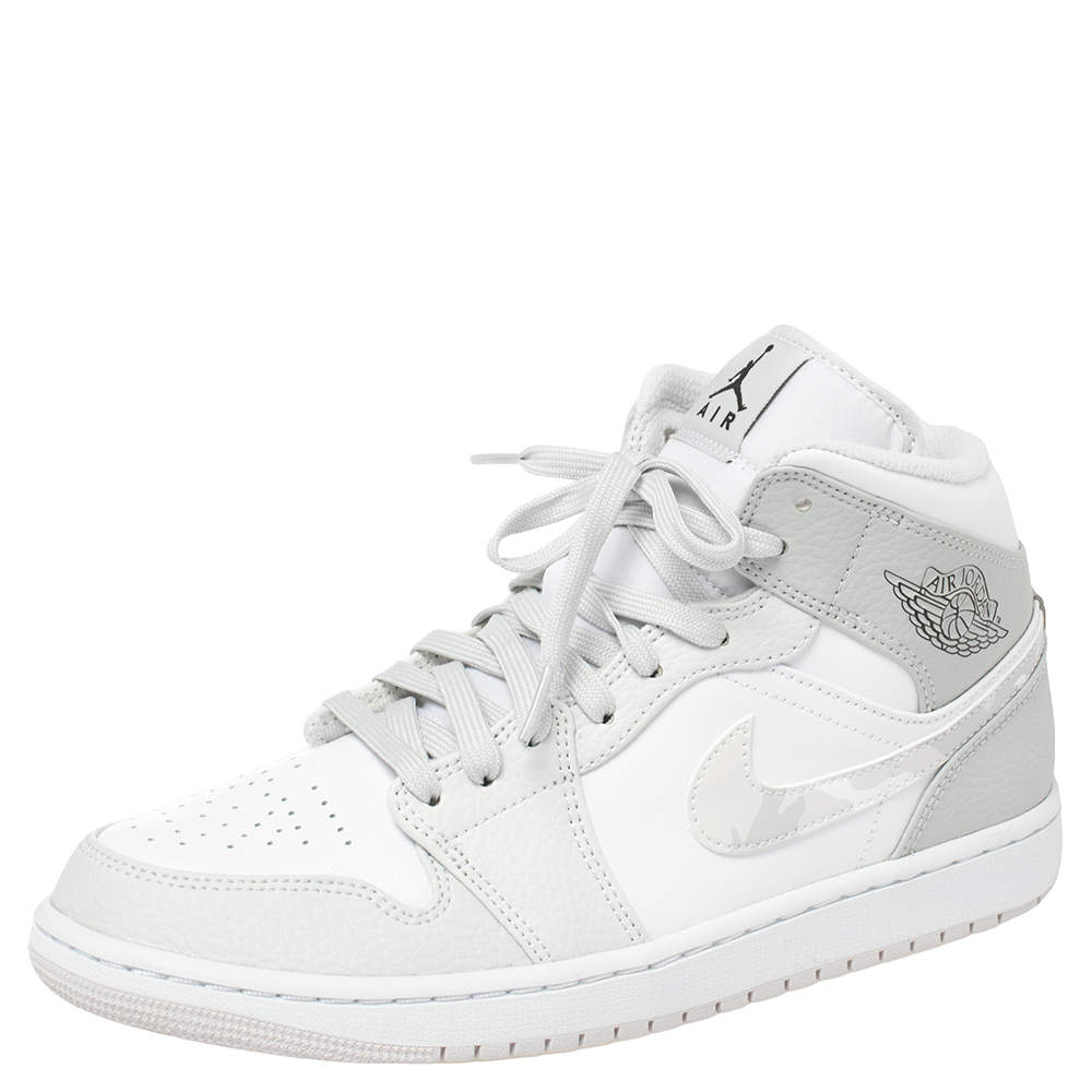 Pre Owned Air Jordan 1 Mid Grey/White Leather Camo Sneakers Size 42.5