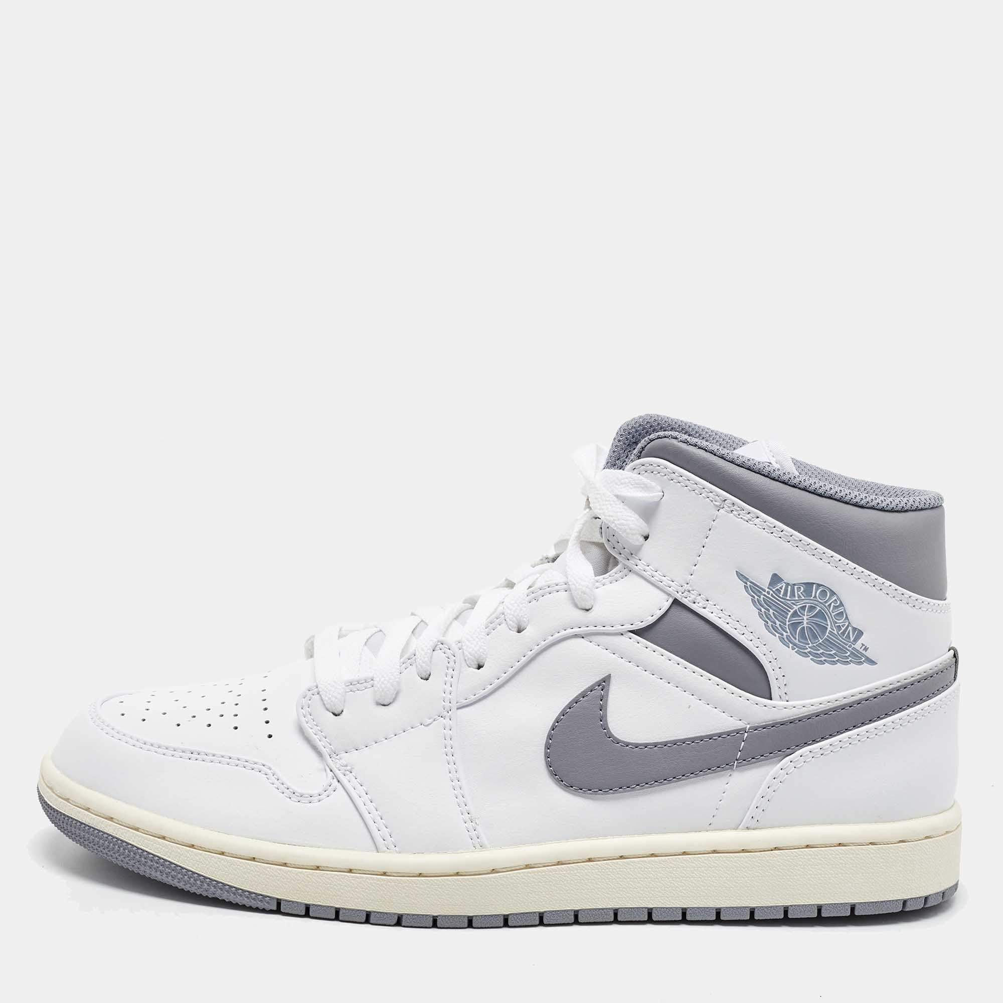 Pre Owned Air Jordans White/Grey Leather Jordan 1Mid Neutral Grey Sneakers Size 45