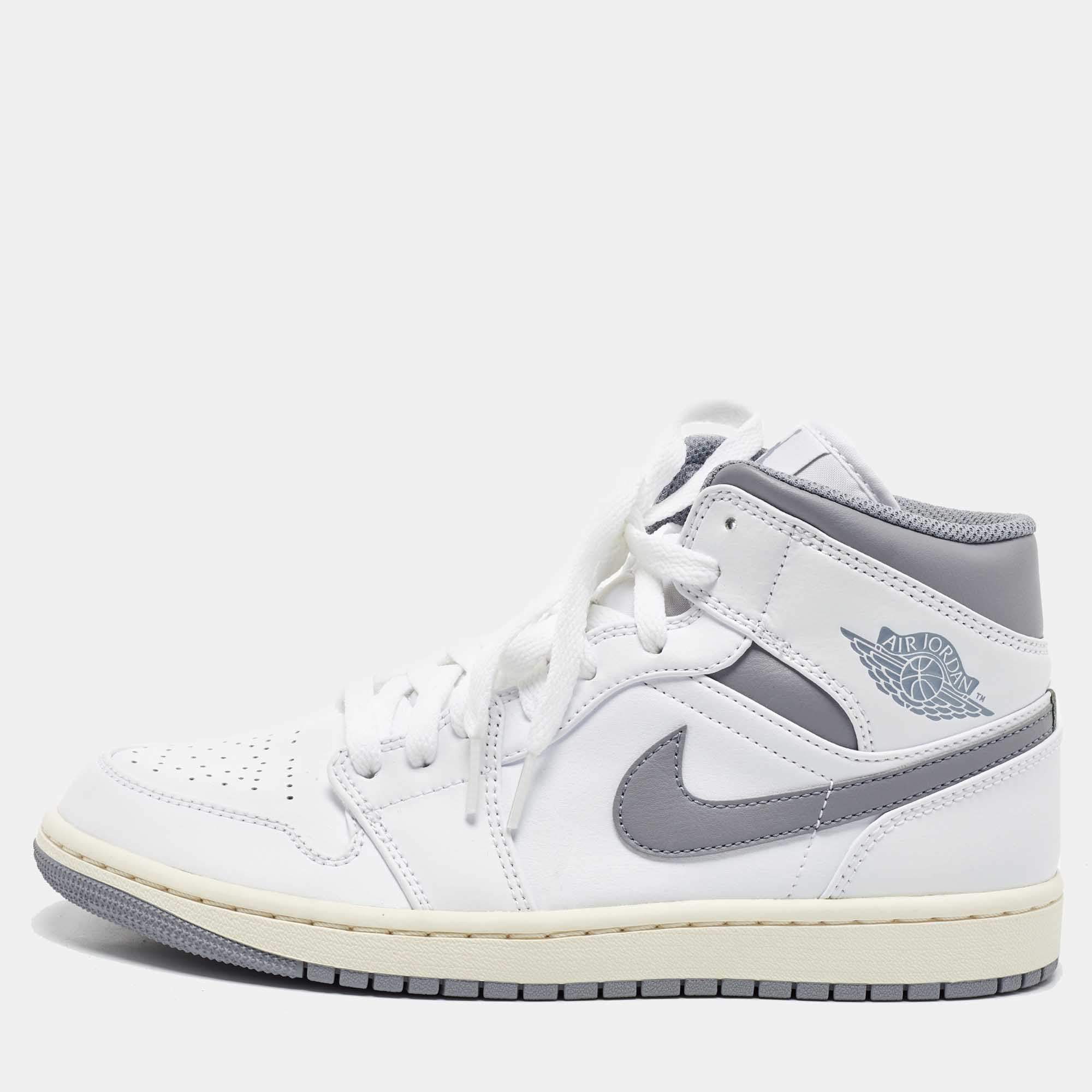 Pre Owned Air Jordan White/Grey Leather Jordan 1Mid Neutral Grey Sneakers Size 42