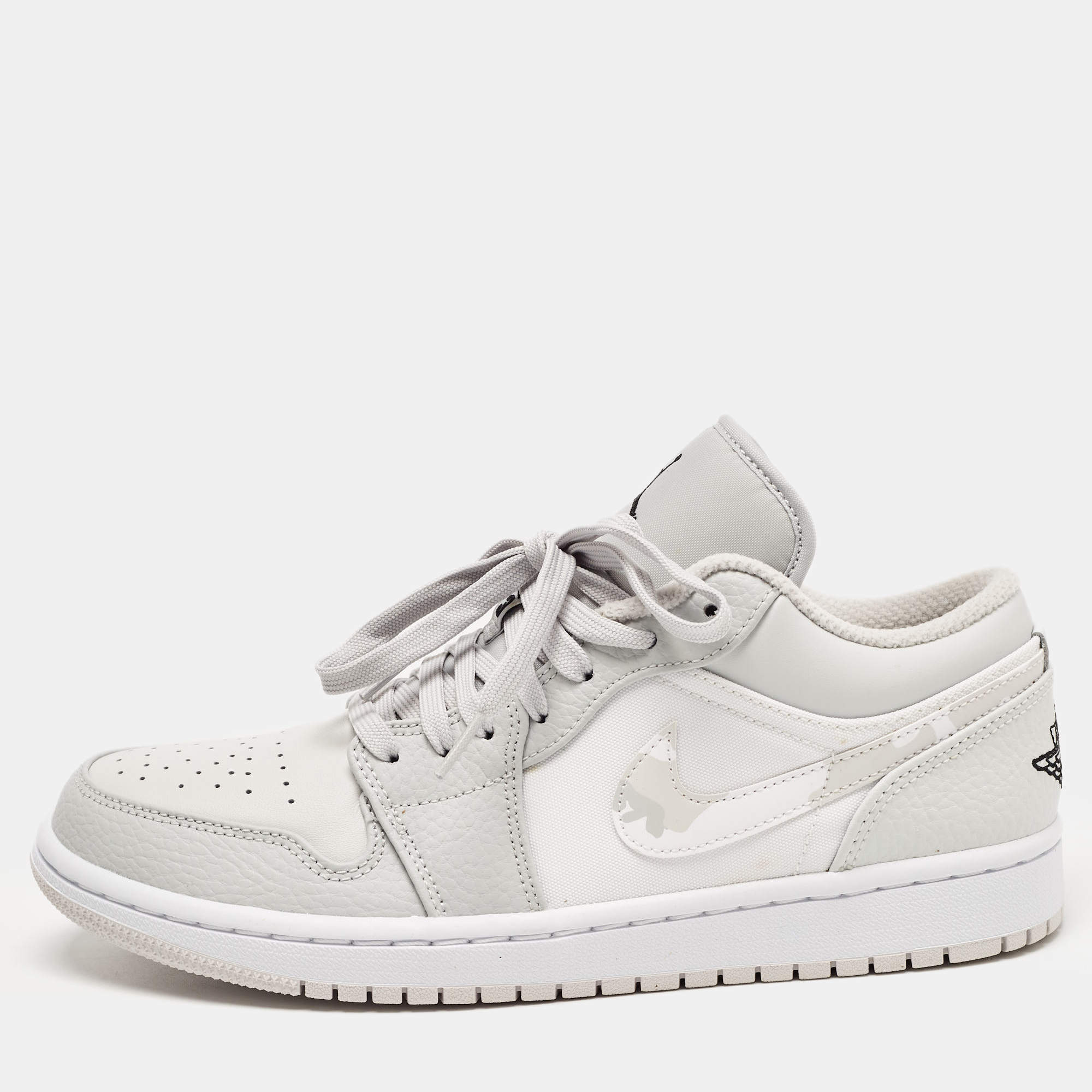 Pre Owned Air Jordan Grey/White Leather and Canvas 1 Low Top Sneakers Size 41