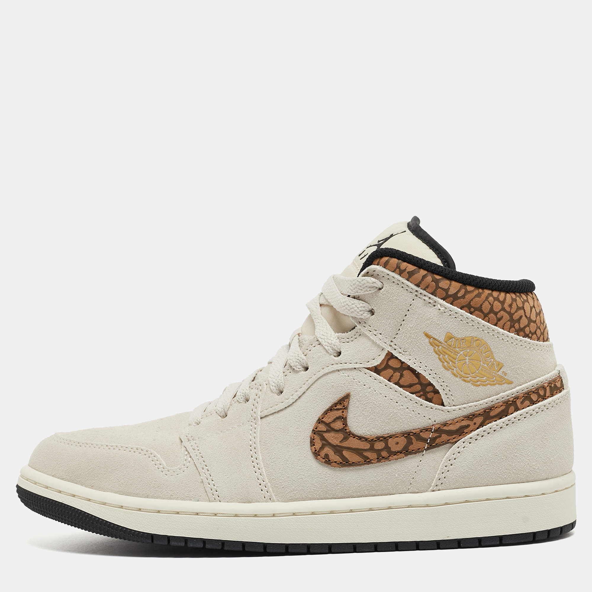 Pre Owned Air Jordan Cream/Brown Suede Jordan 1 Mid SE Brown Elephant Sneakers Size 40