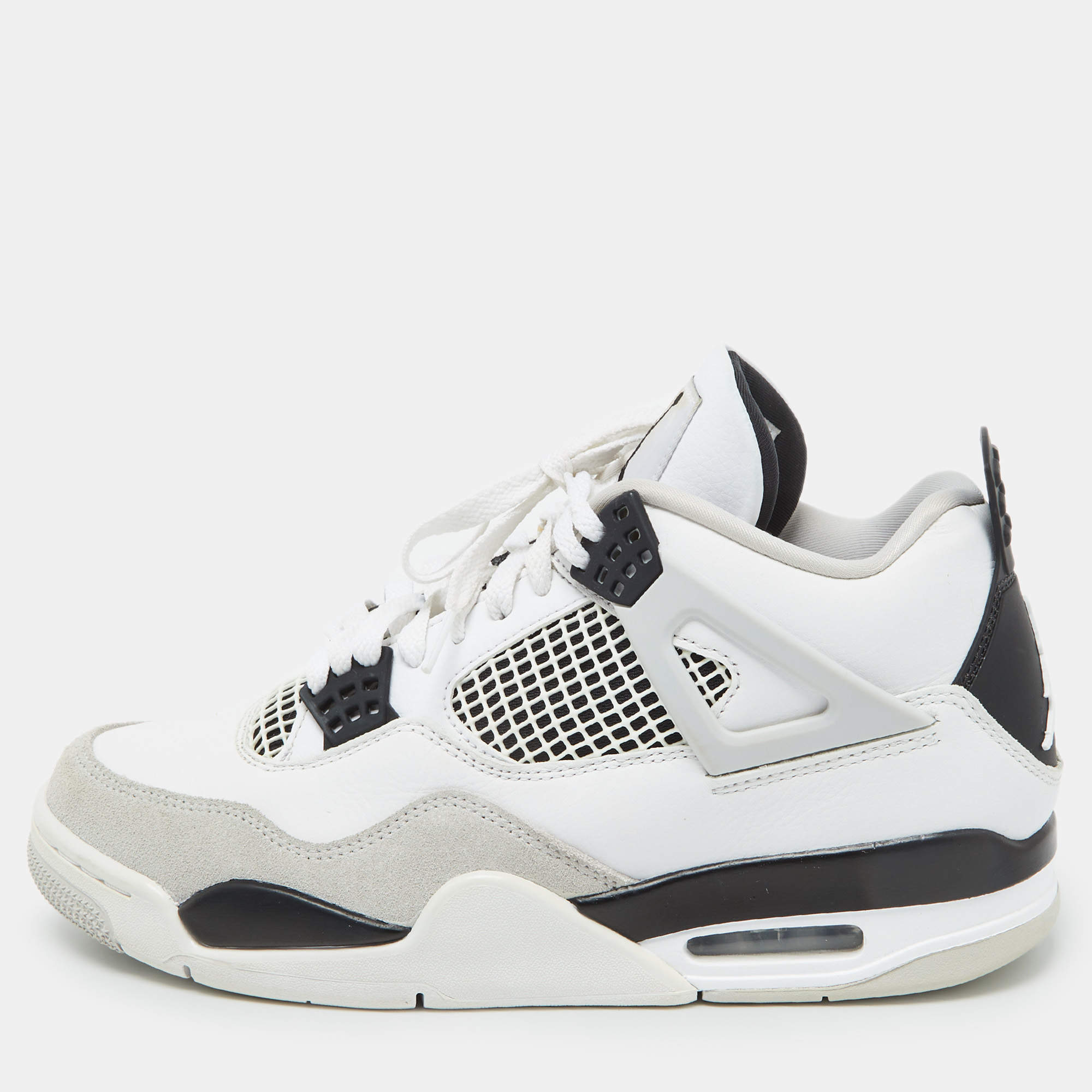 Pre Owned Air Jordans White/Black Leather Jordan 4 Retro Military Black Sneakers Size 42.5