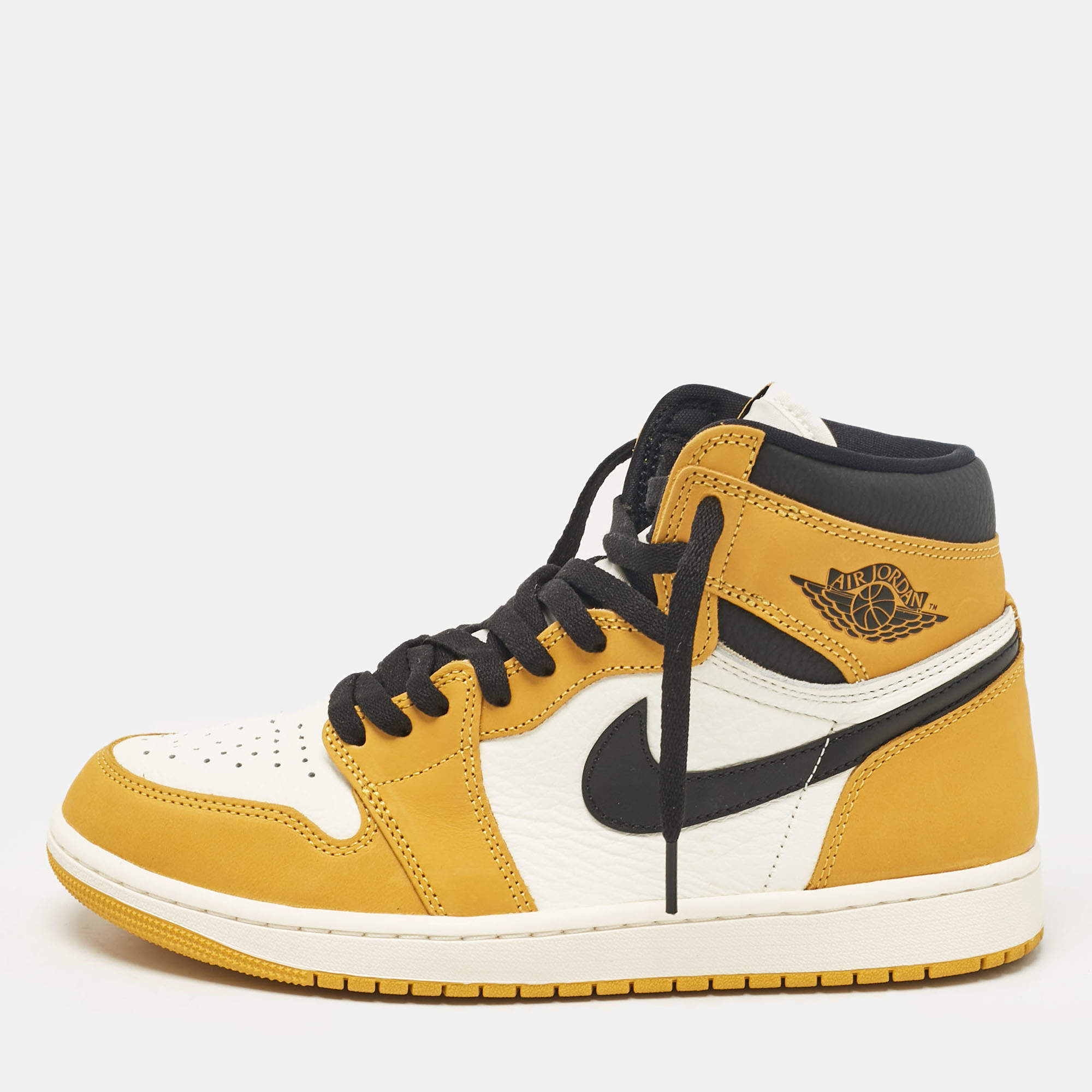 Pre Owned Air Jordans Multicolor Leather Jordan 1 Retro High OG Yellow Ochre Sneakers Size 43