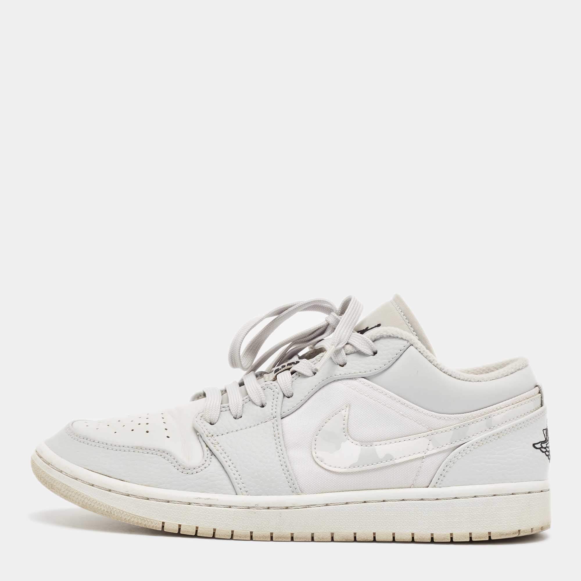 Pre Owned Air Jordans Grey Leather Jordan 1 Low White Camo Sneakers Size 42