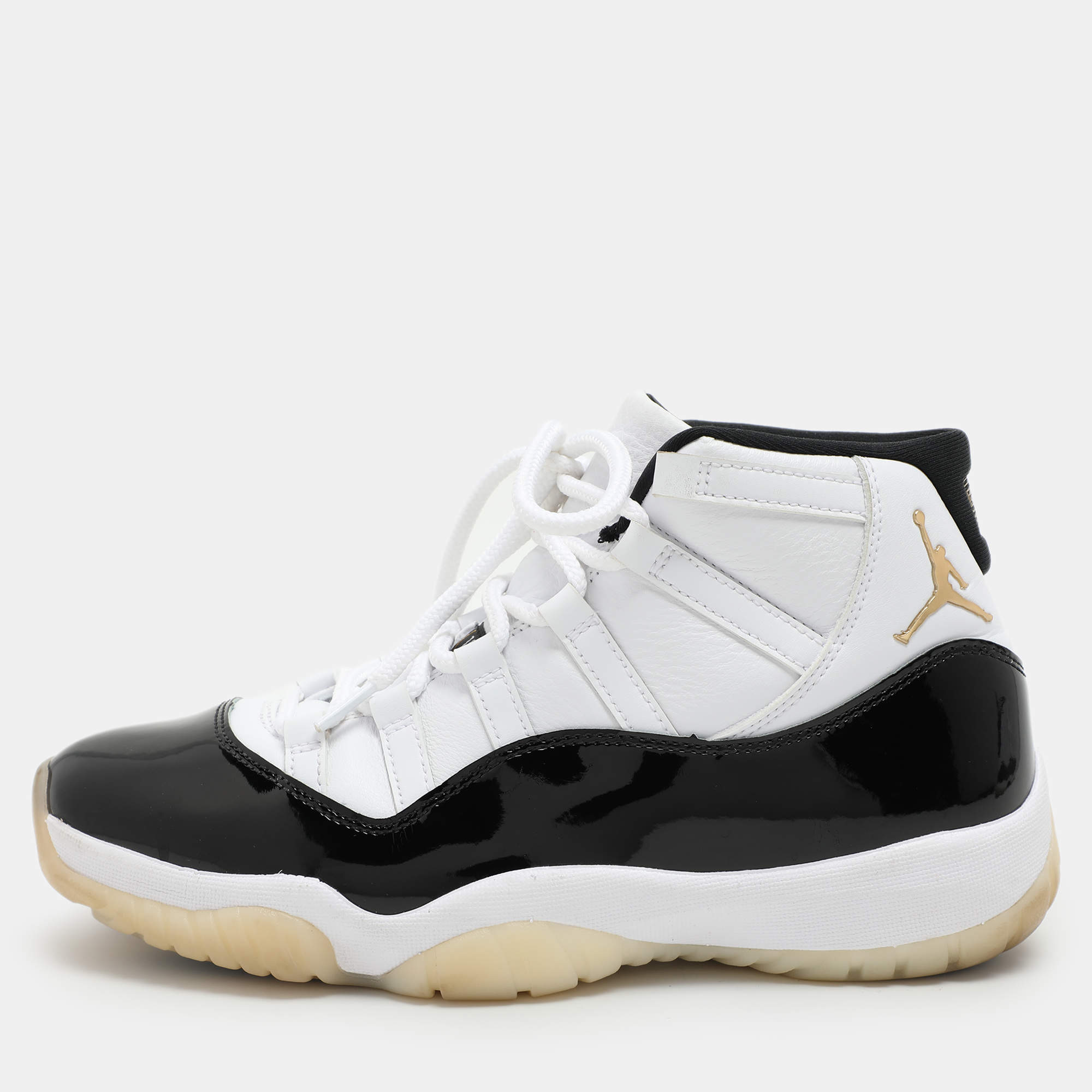 Air Jordans Black/White Patent Leather and Synthetic Leather Jordan 11 High Top Sneakers Size 43