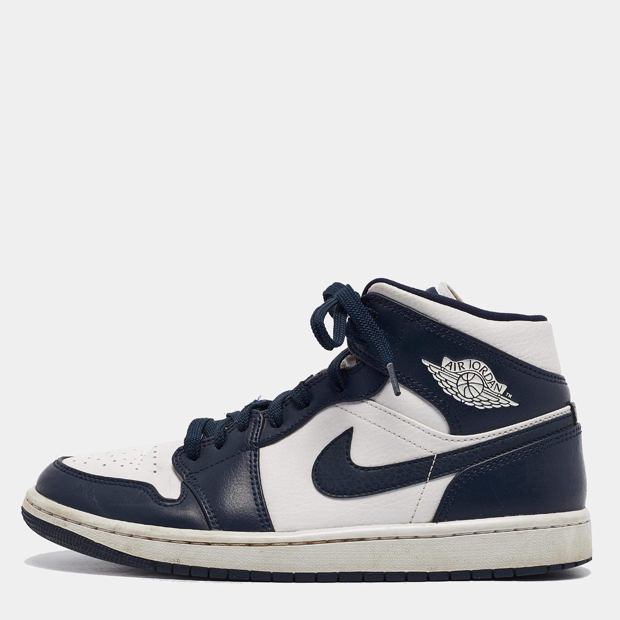 Air Jordans Blue/White Leather Jordan 1 Mid Obsidian Sneakers Size 41