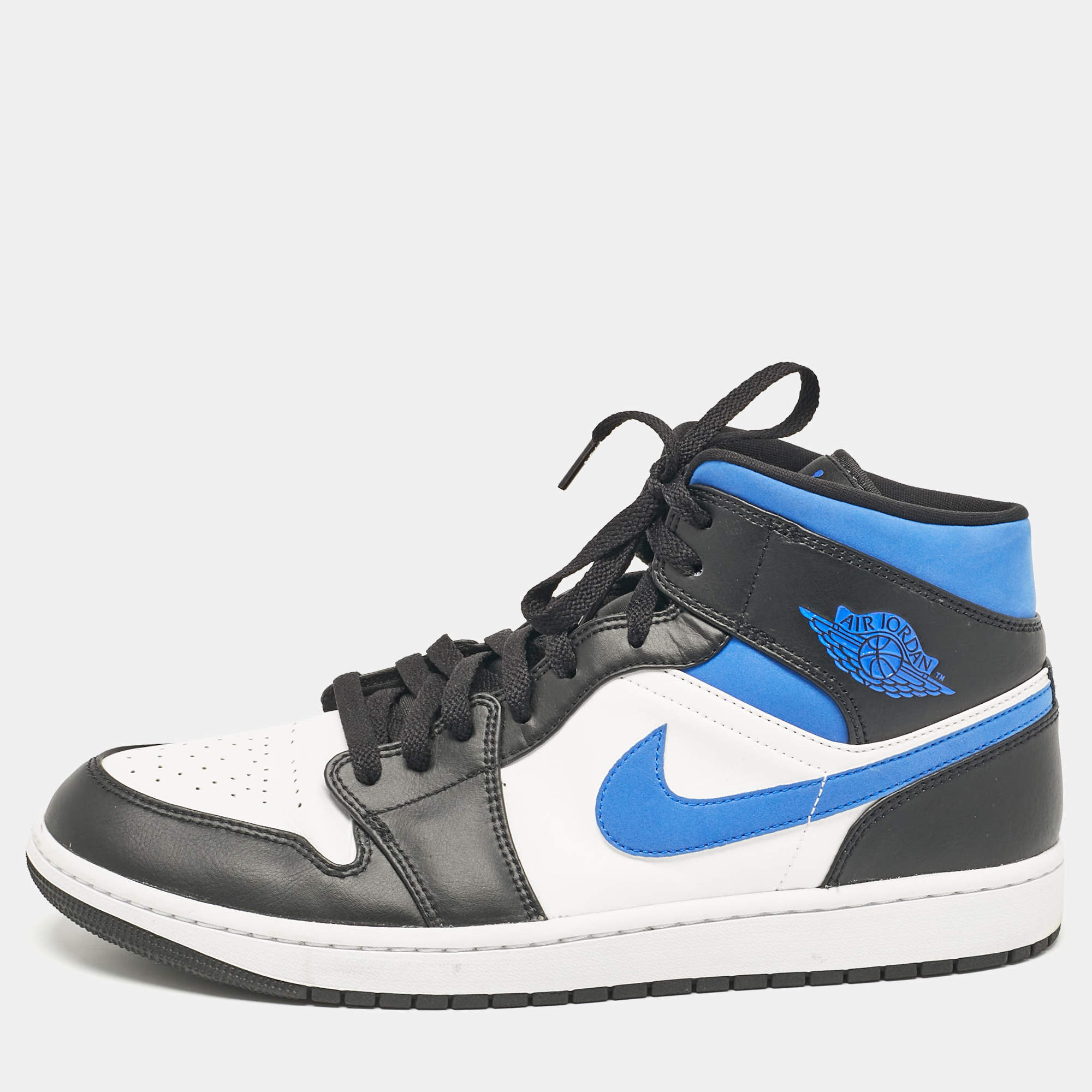 Pre Owned Air Jordans White/Black Leather Jordan 1 Mid Racer Blue Sneakers Size 47.5
