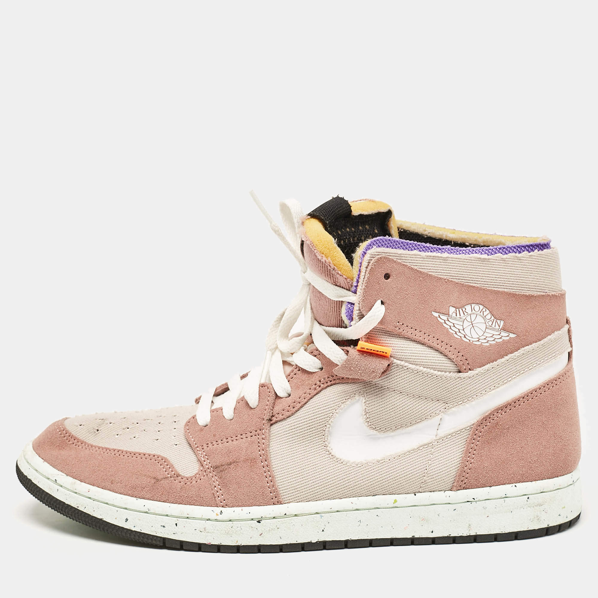 Air Jordans Beige/White Leather and Canvas Jordan 1 Mid Tan Gum Sneakers Size 45.5