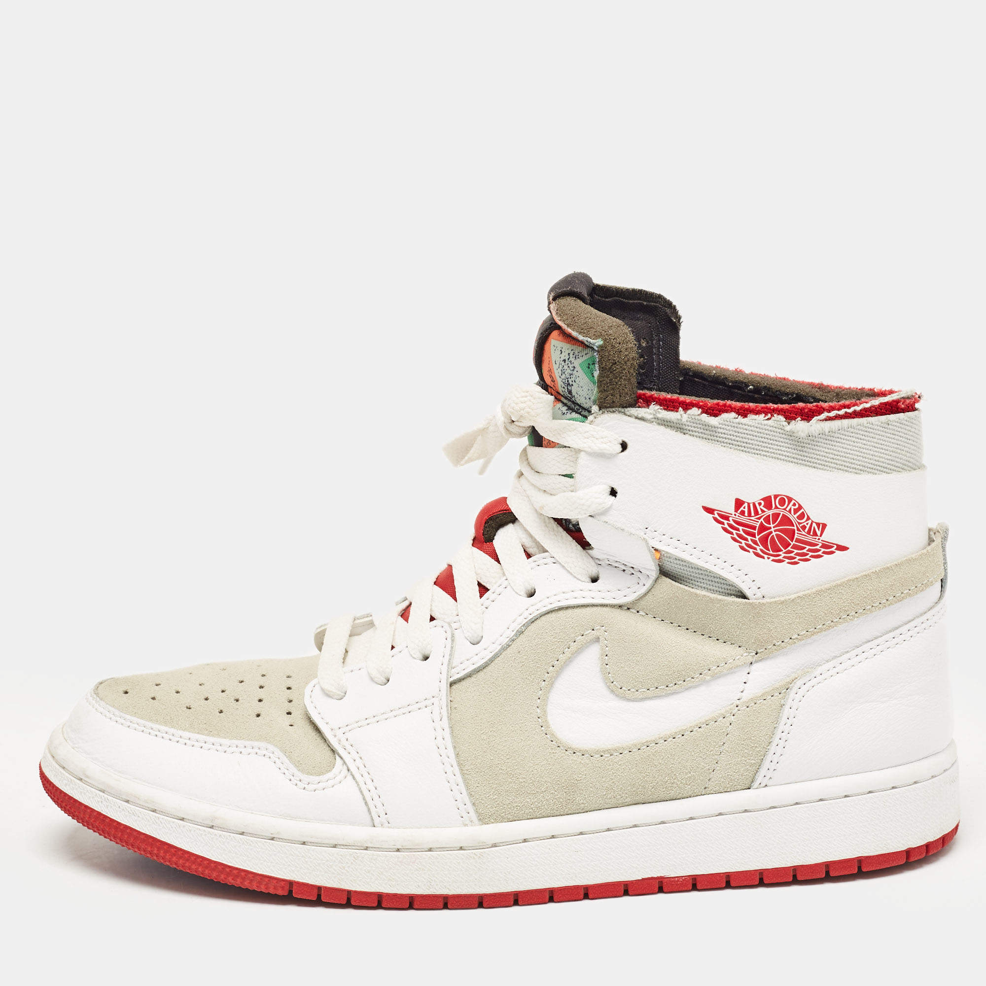 Pre Owned Air Jordans White/Grey Leather and Suede Jordan 1 High Zoom Air CMFT Hare Sneakers Size 42.5