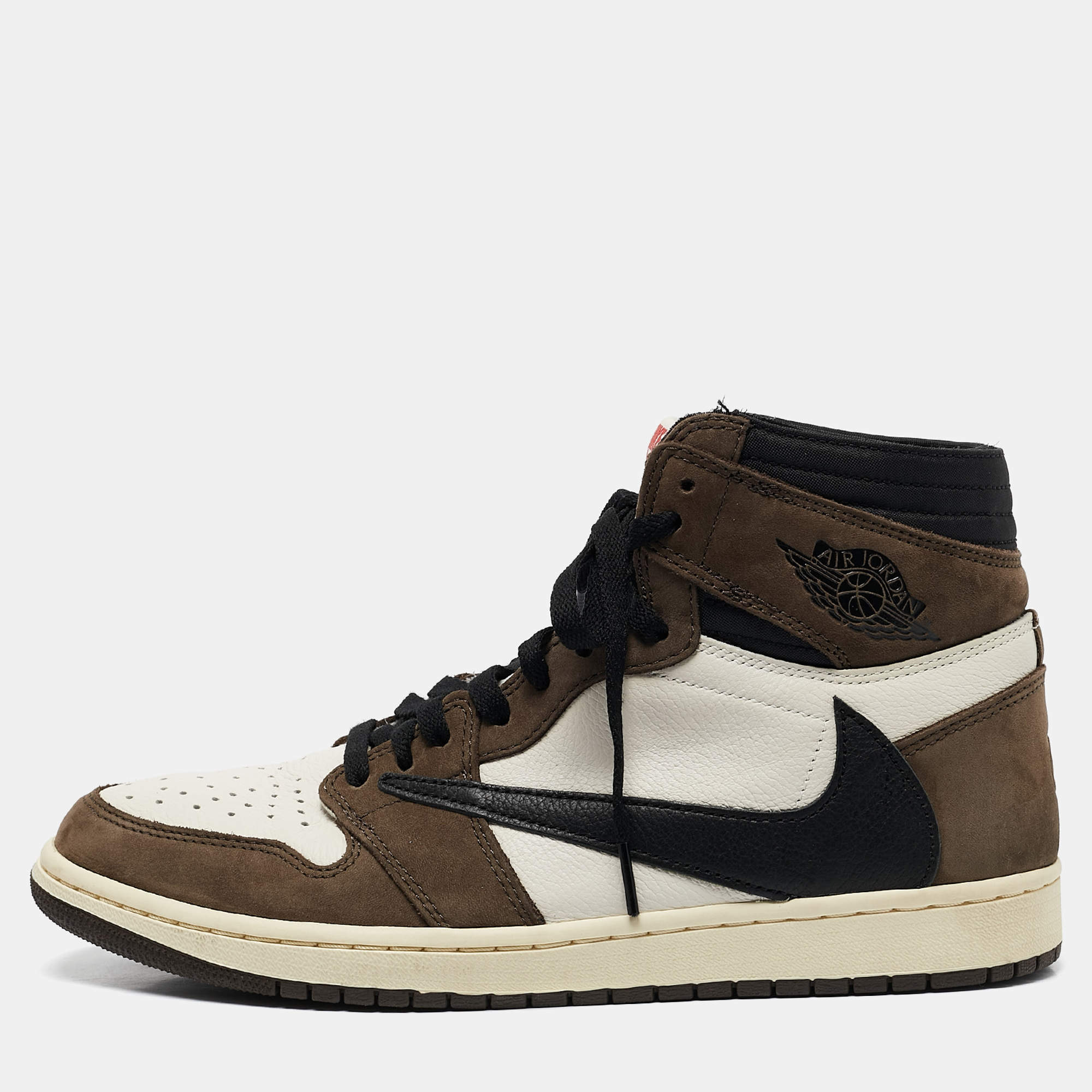 Air Jordans White/Brown Leather and Suede Jordan 1 Retro High OG SP Travis Scott Mocha Sneakers Size 44.5