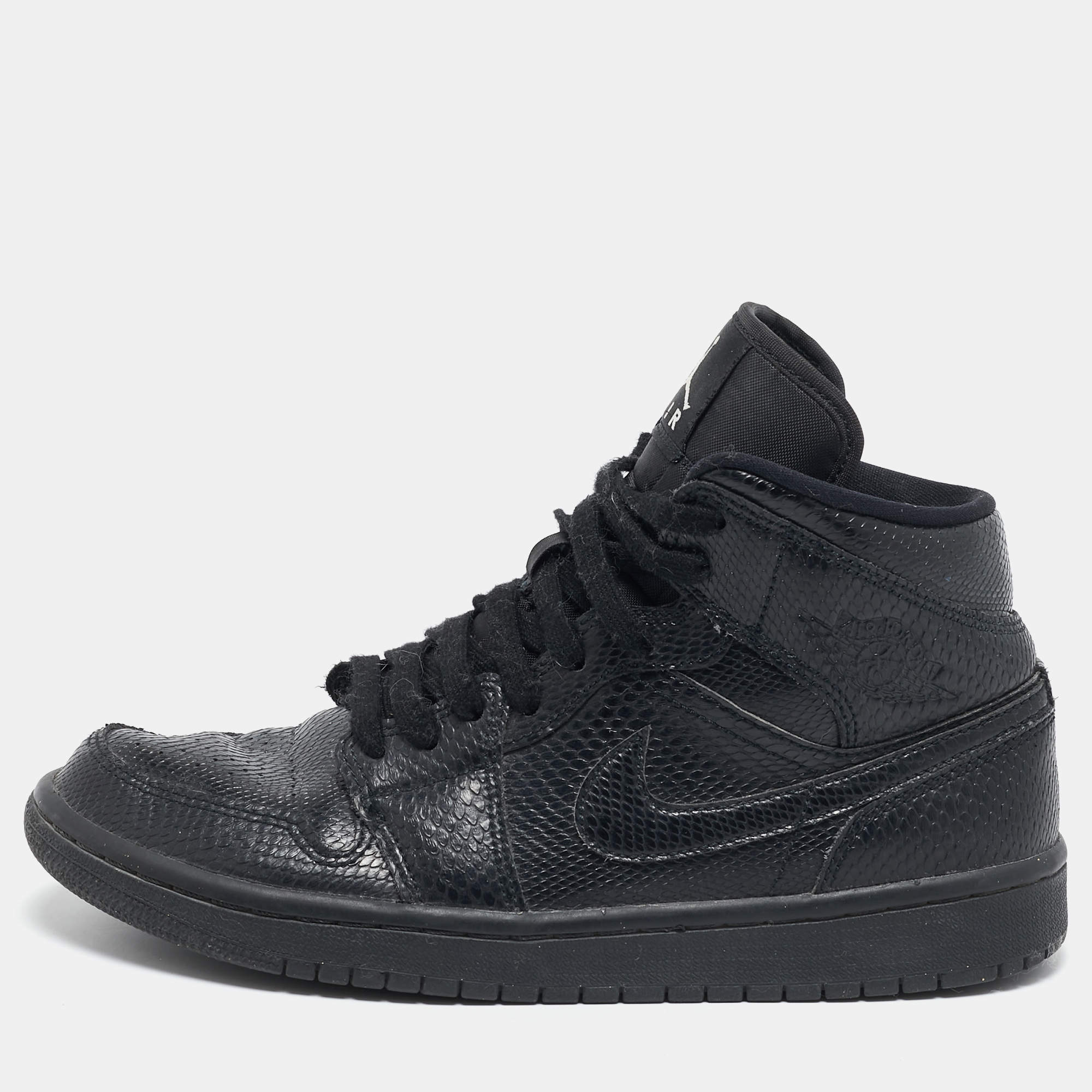 Air Jordans Black Snakeskin Embossed Leather Air Jordan 1 High Top Sneakers Size 40