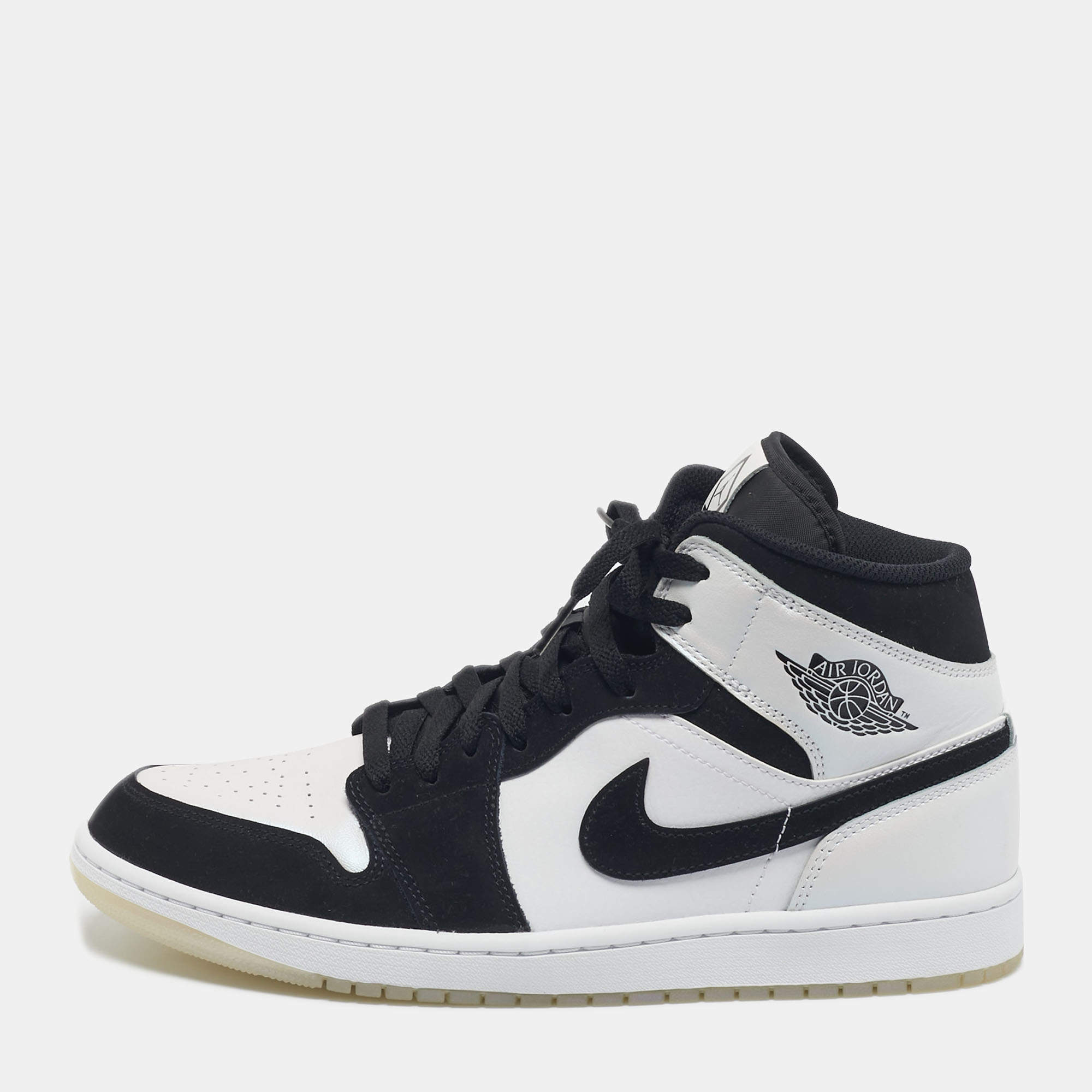Pre Owned Air Jordans White/Black Leather and Durabuck Leather Jordan 1 Mid Diamond Shorts Sneakers Size 45