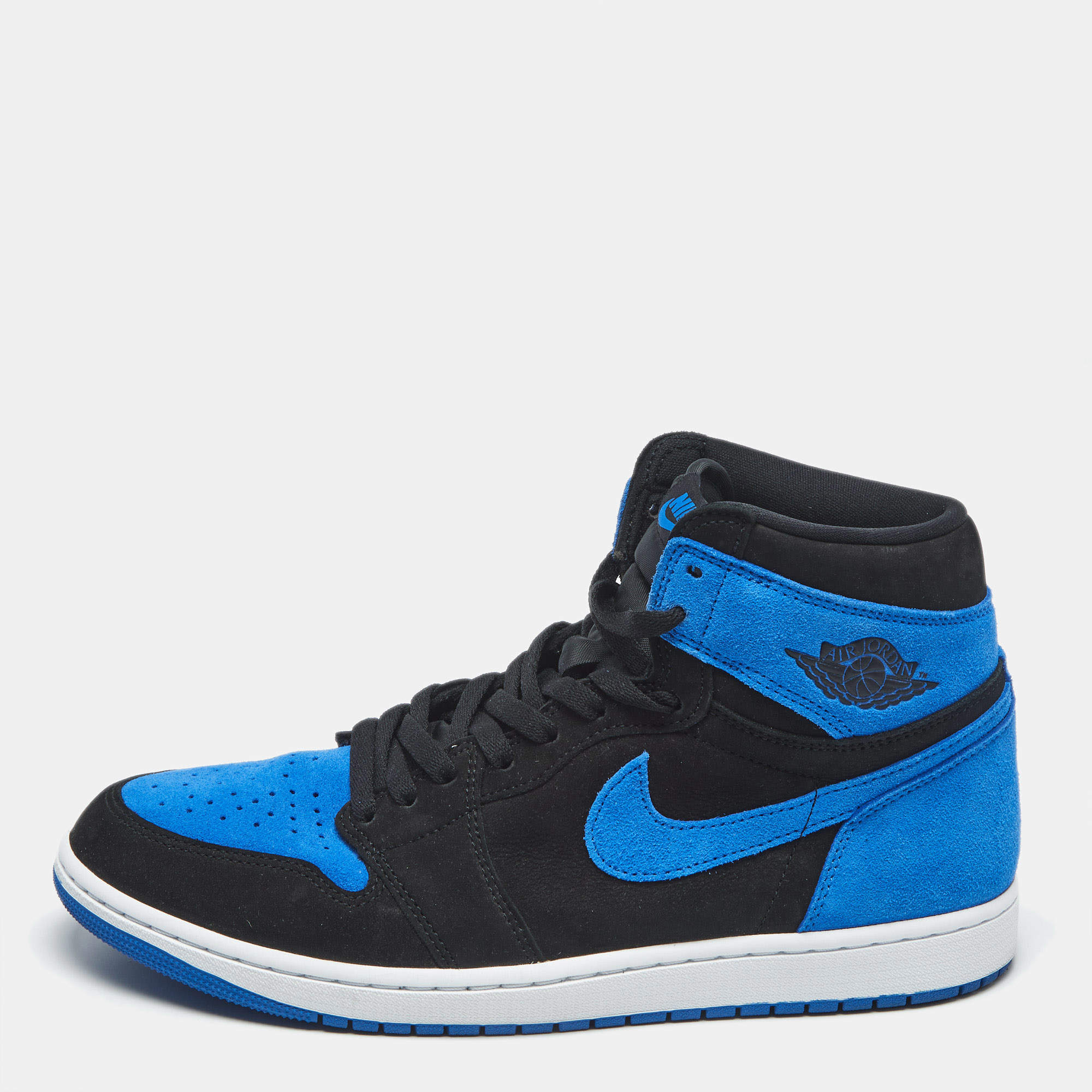 Pre Owned Air Jordans Blue/Black Suede Jordan 1 Retro High OG Royal Reimagined Sneakers Size 45.5