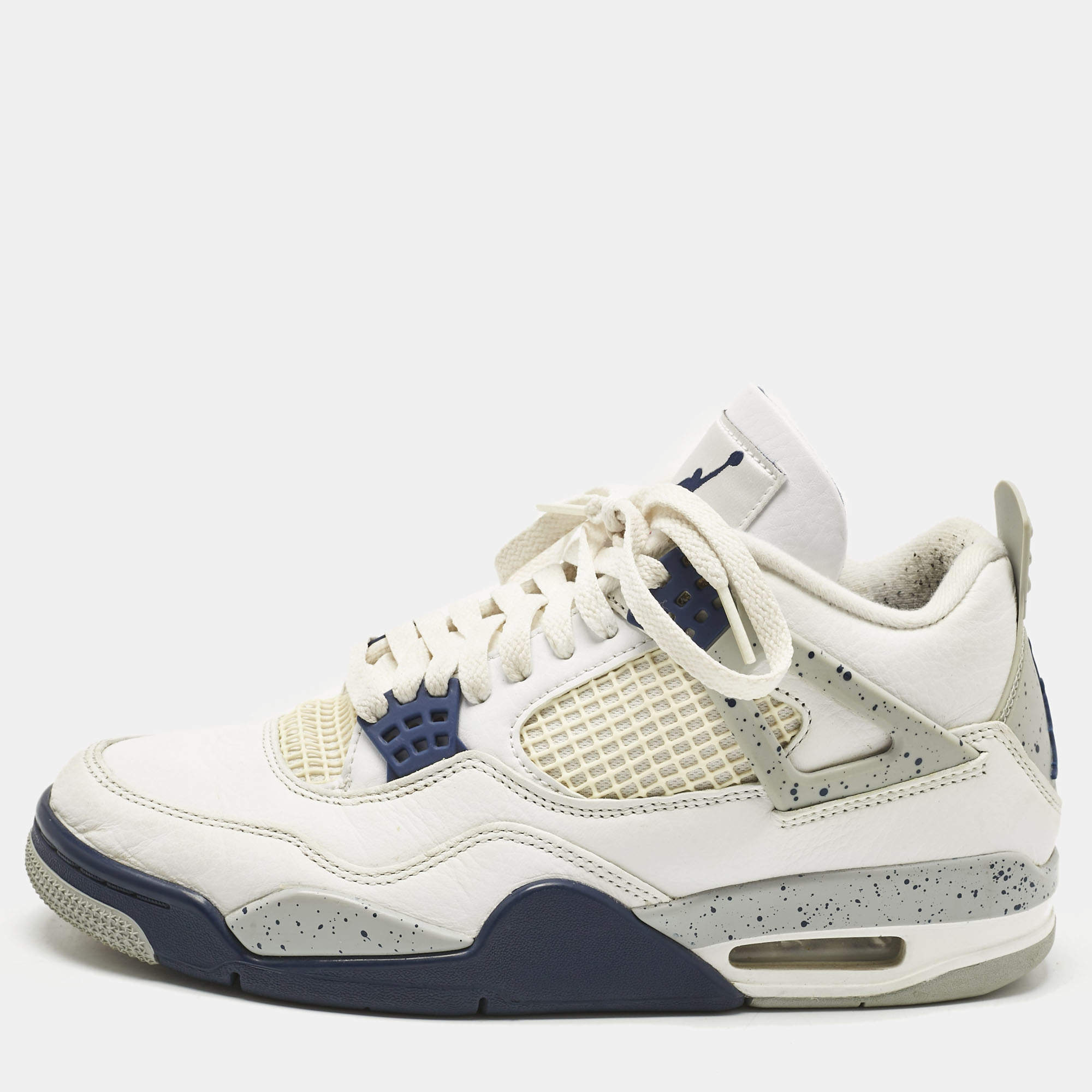 Pre Owned Air Jordans White Leather Jordan 4 Retro Midnight Navy Sneakers Size 41