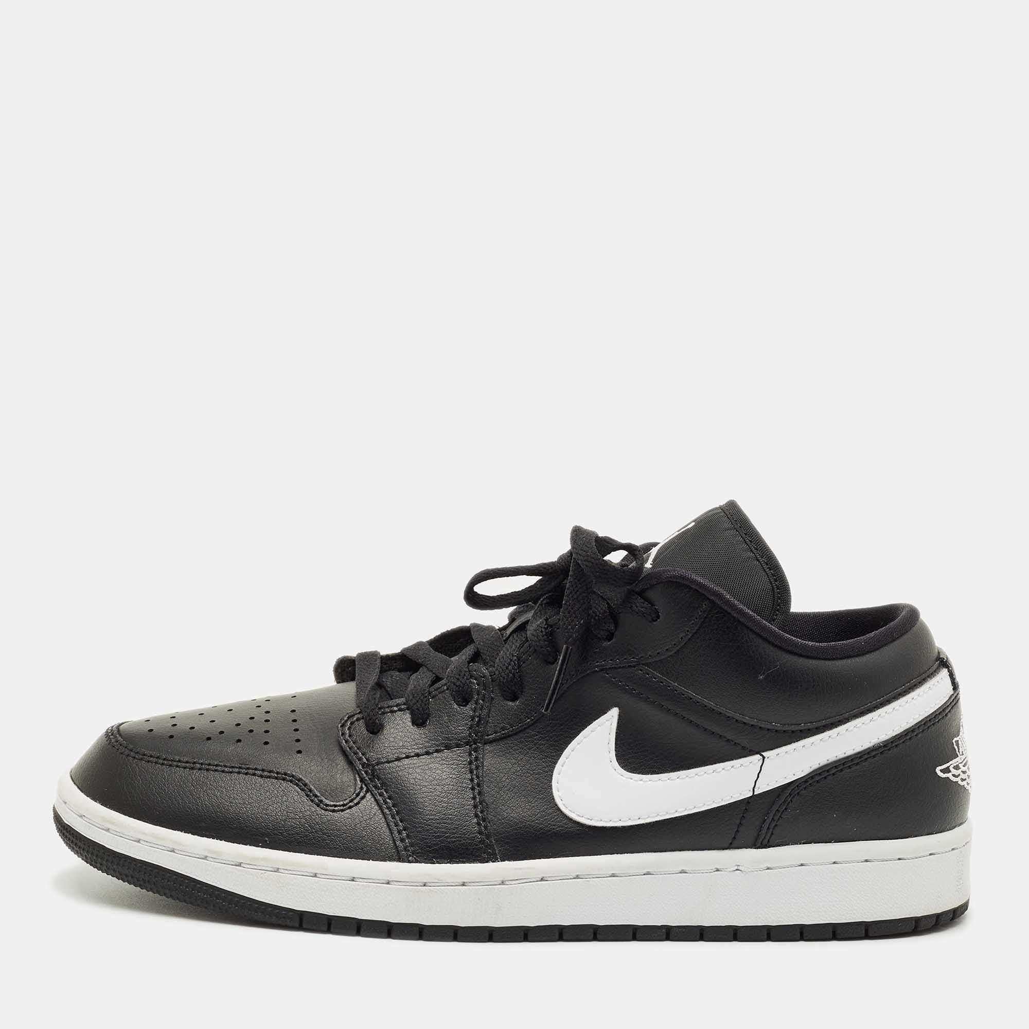 Pre Owned Air Jordans Black Leather Jordan 1 Low Black White Sneakers Size 43