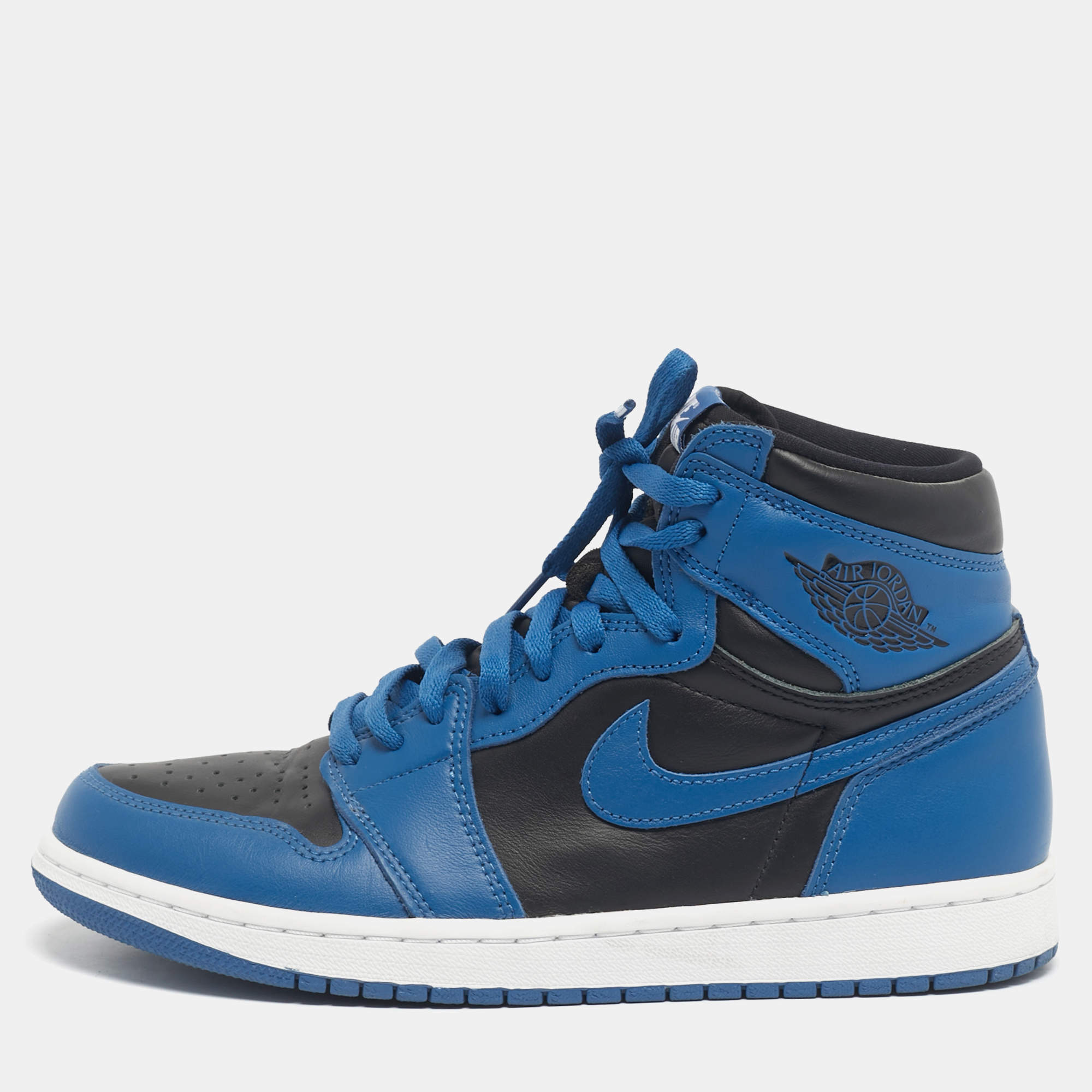 Pre Owned Air Jordans Blue/Black Leather Jordan 1 Retro High OG Dark Marina Blue Sneakers Size 42.5