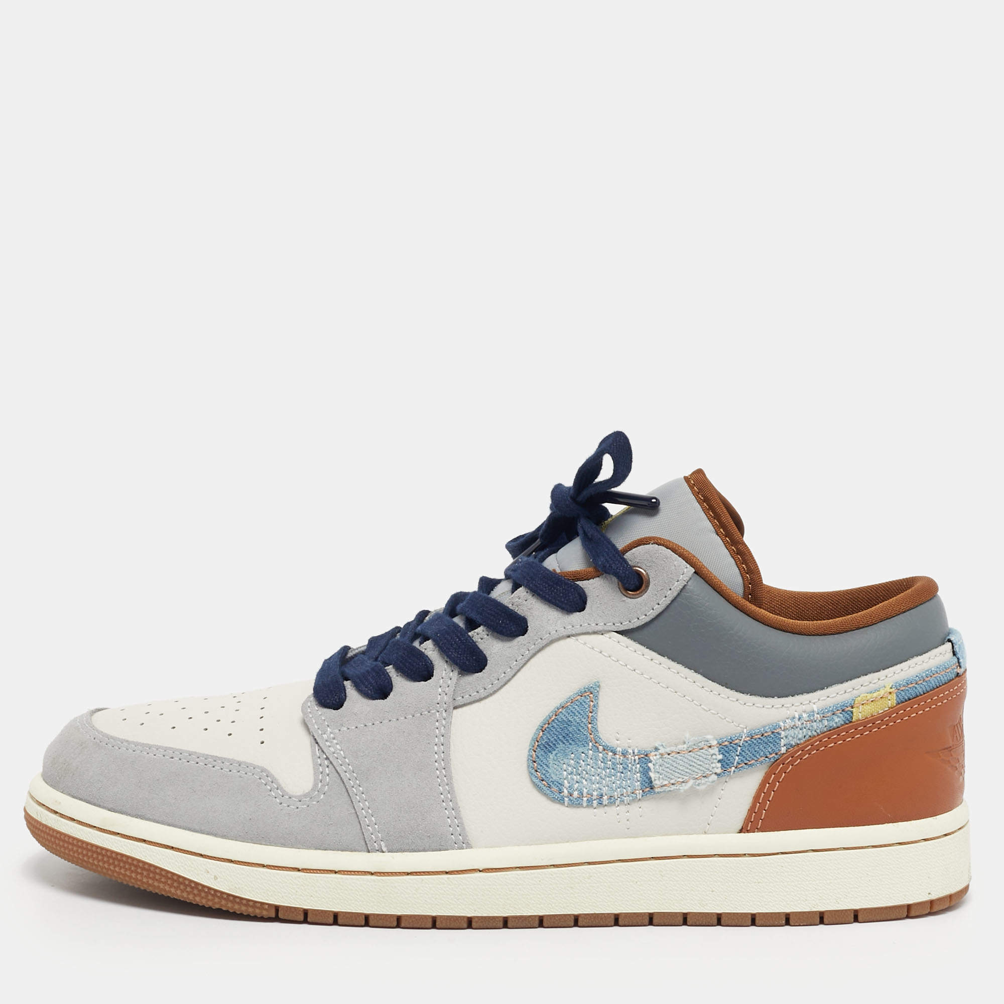 Pre Owned Air Jordans Multicolor Leather Jordan 1 Low SE Phantom Repaired Denim Swoosh Sneakers Size 44