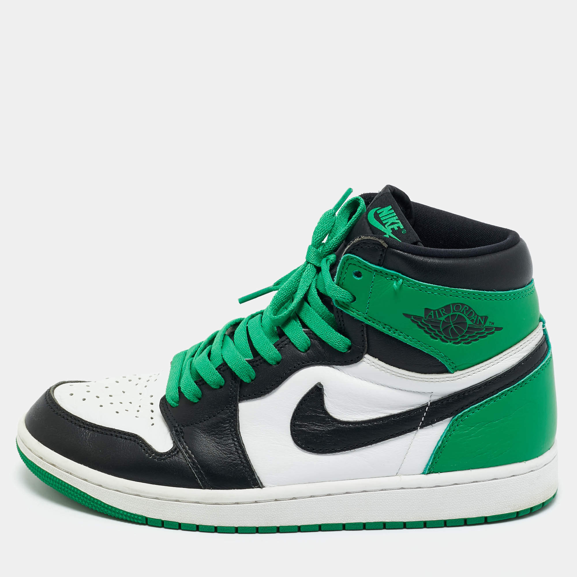Pre Owned Air Jordans Green/White Leather Jordan 1 Retro High Top Sneakers Size 42.5
