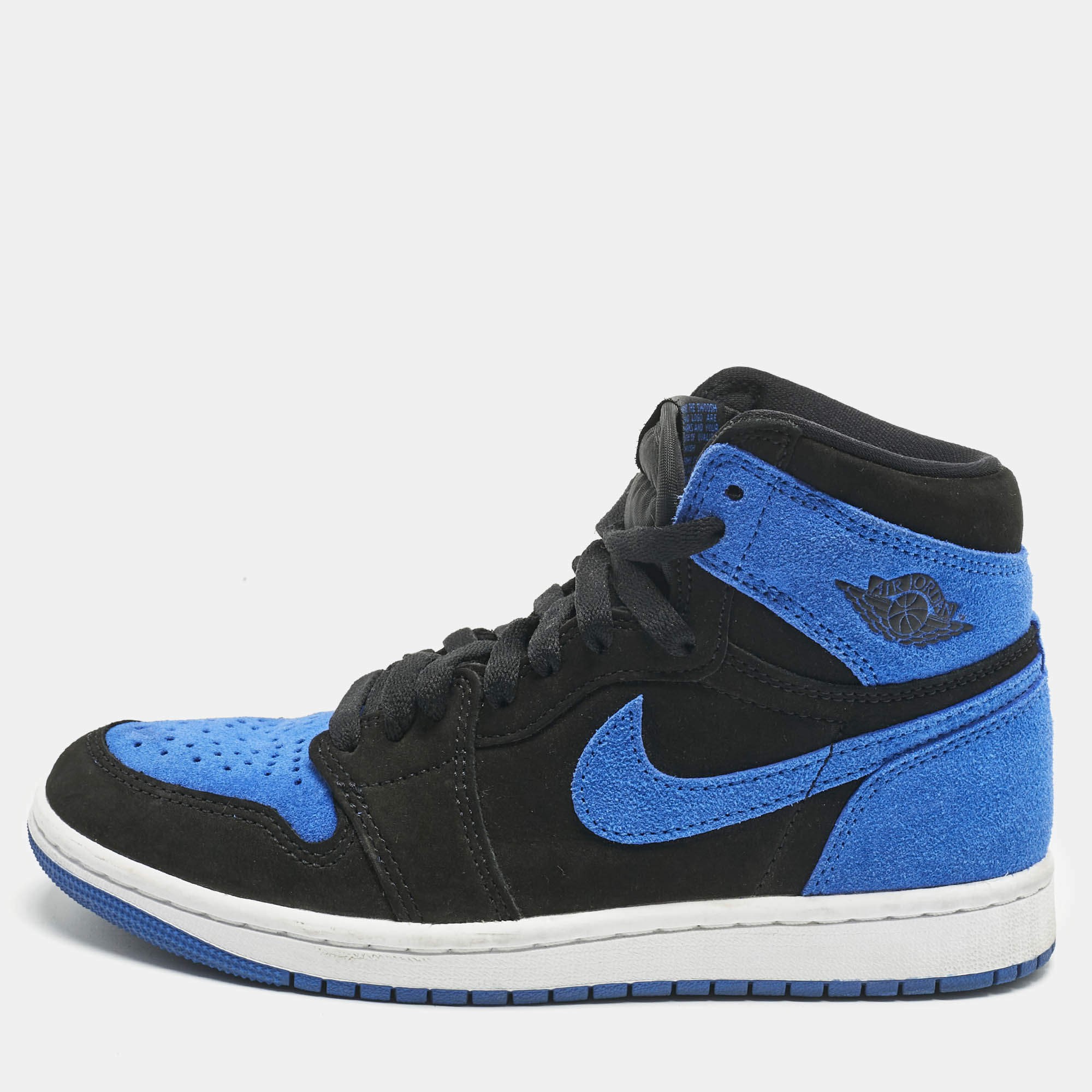 Pre Owned Air Jordans Blue/Black Suede Jordan 1 Retro High OG Royal Reimagined Sneakers Size 37.5