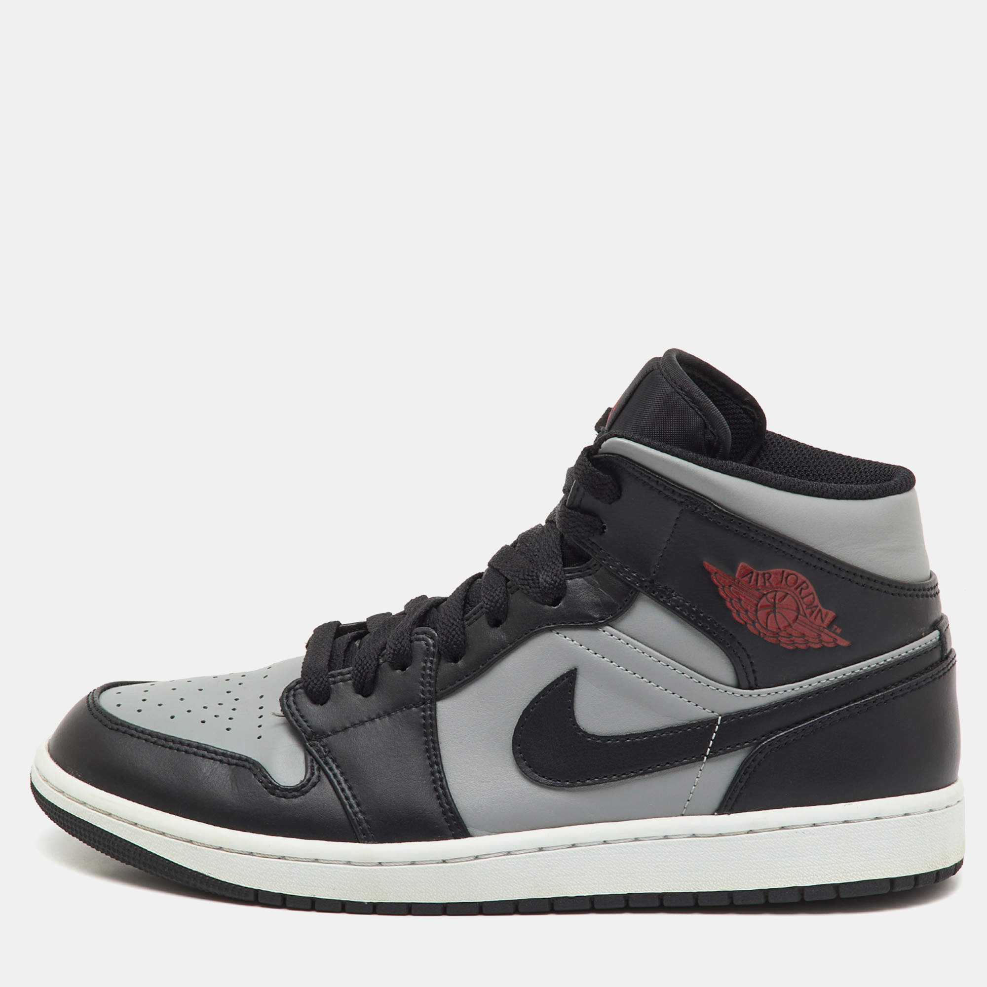 Pre Owned Air Jordans Black/Grey Leather Jordan 1 Mid Shadow Red Sneakers Size 45