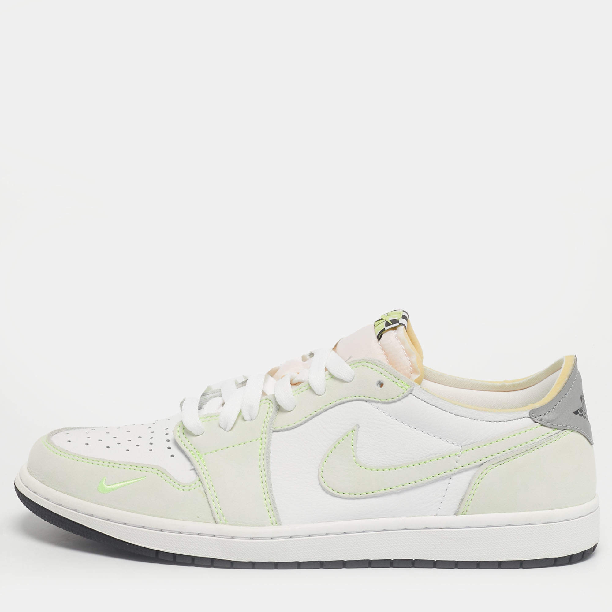Pre Owned Air Jordans White/Green Leather Jordan 1 Retro Low White Ghost Green Sneakers Size 45