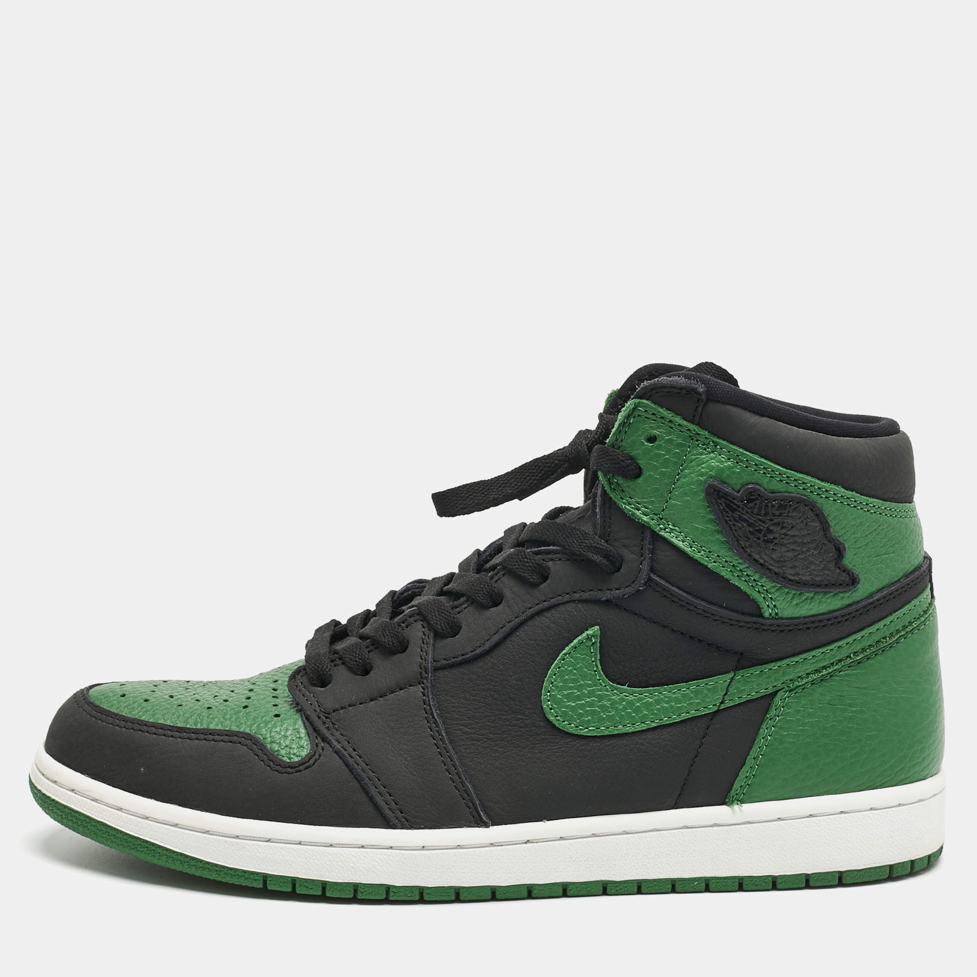 Pre Owned Air Jordans Green/Black Leather Jordan 1 Retro High Pine Green Black Sneakers Size 45.5