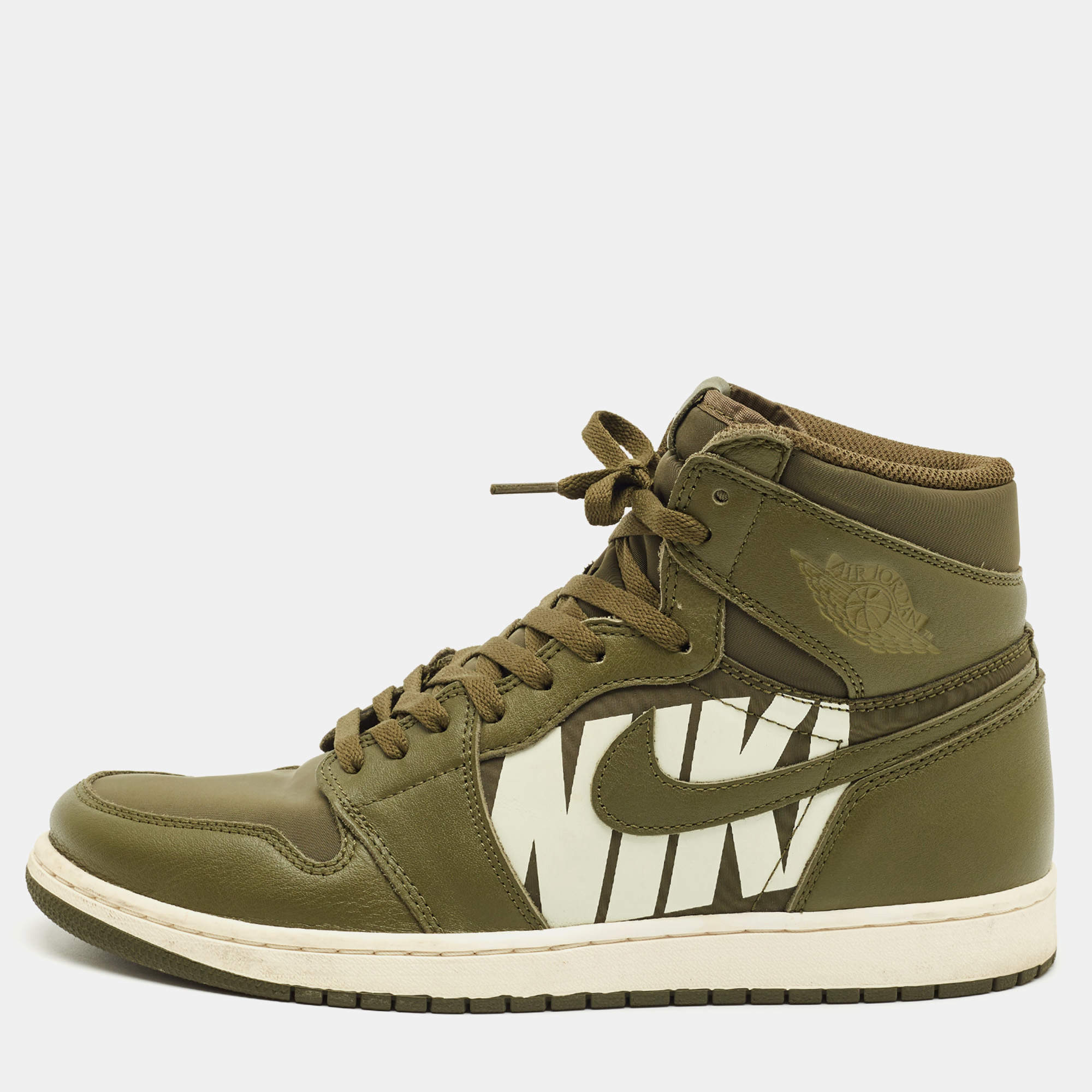 Pre Owned Air Jordans Green Leather and Canvas Jordan 1 Retro High Olive Sneakers Size 45.5