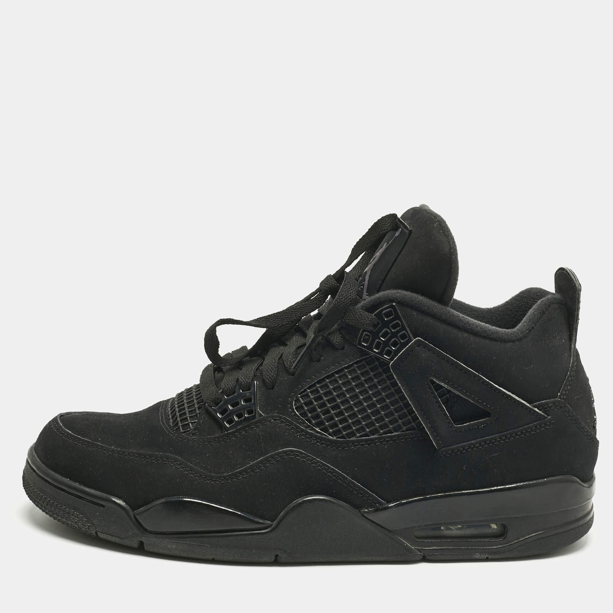 Pre Owned Air Jordans Black Nubuck Leather Jordan 4 Retro Black Cat Sneakers Size 45