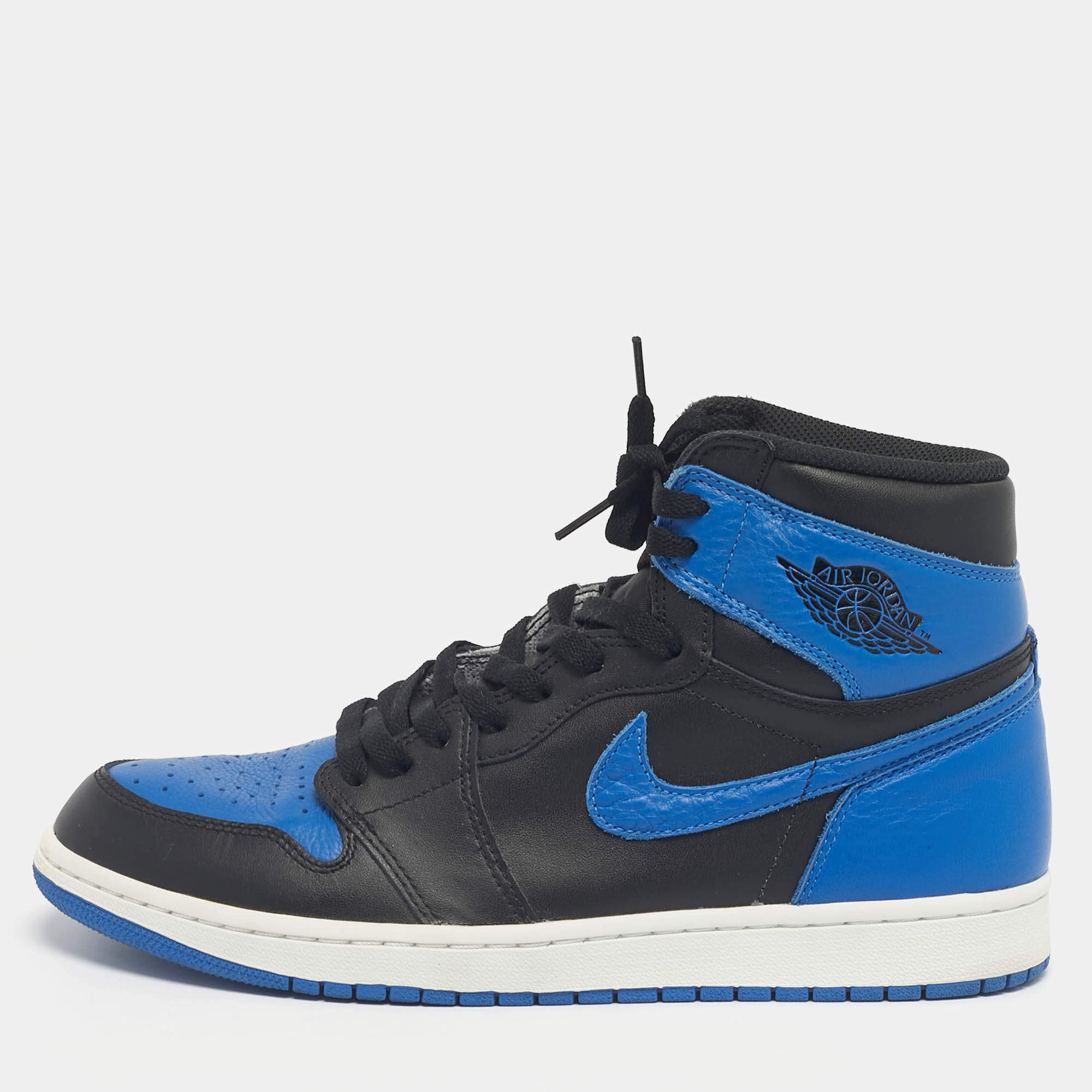 Pre Owned Air Jordans Black/Blue Leather Jordan 1 Retro Royal Sneakers Size 45