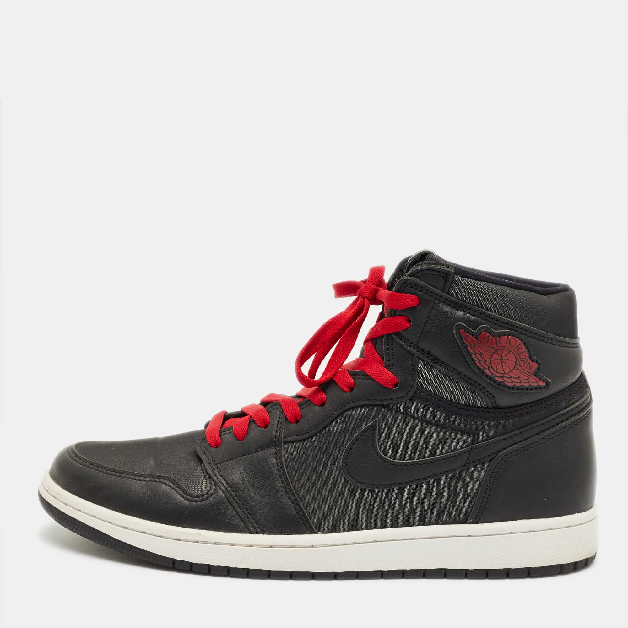 Pre Owned Air Jordans Black/Grey Leather And Satin Jordan 1 Retro High OG Sneakers Size 45
