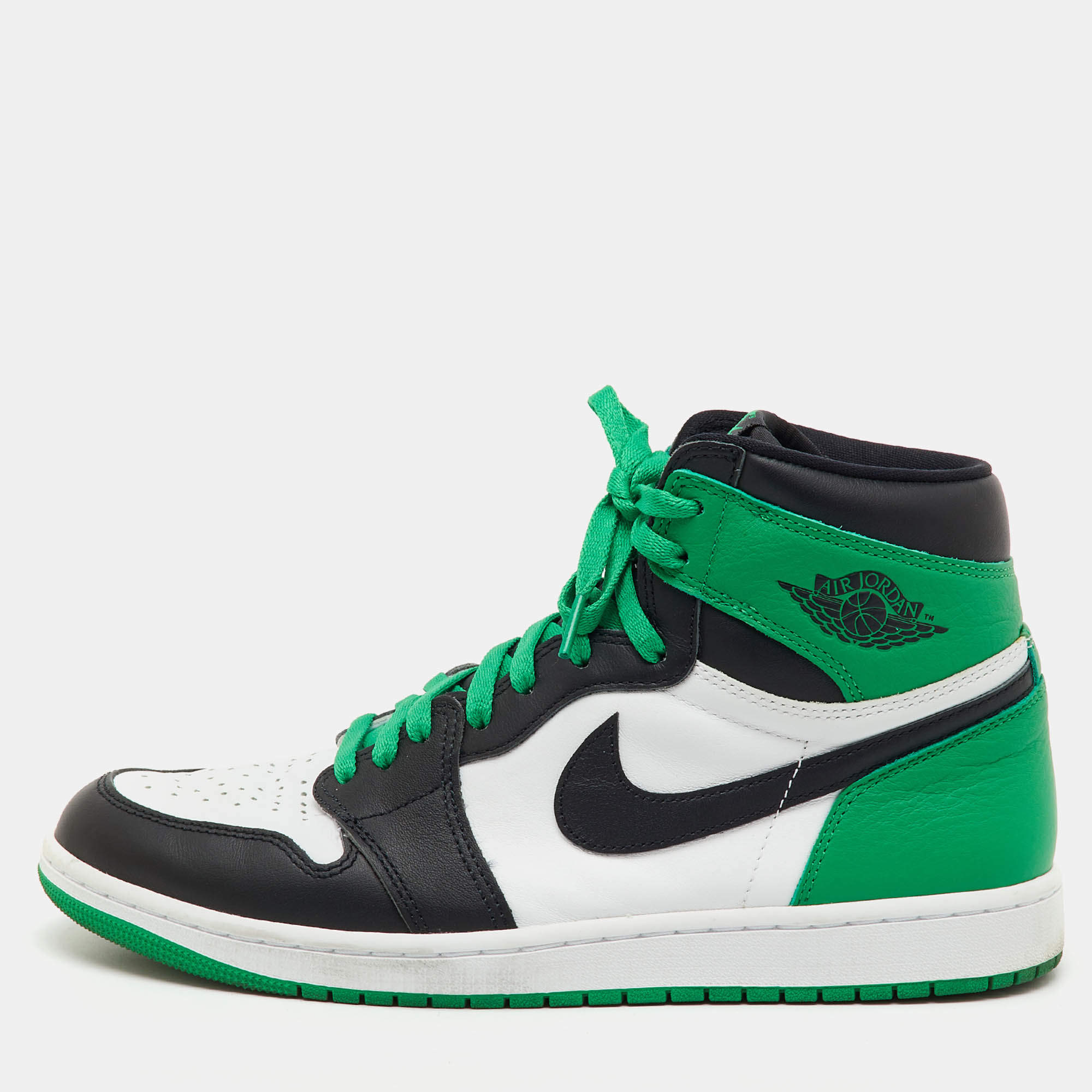 Pre Owned Air Jordans Green/Black Leather Jordan 1 Retro High OG Lucky Green Sneakers Size 45