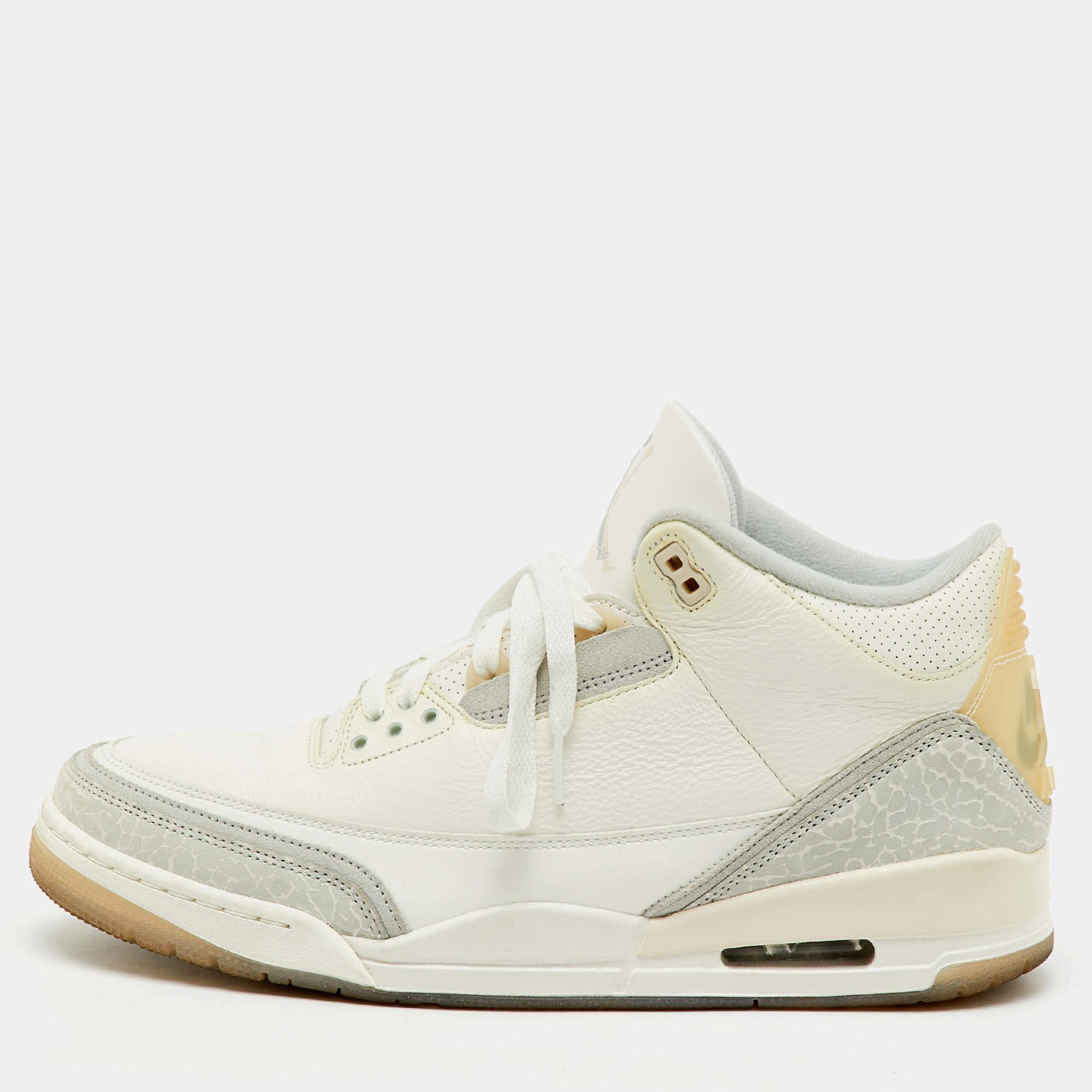 Pre Owned Air Jordans White/Grey Leather Jordan 3 Retro Craft Ivory Sneakers Size 45.5