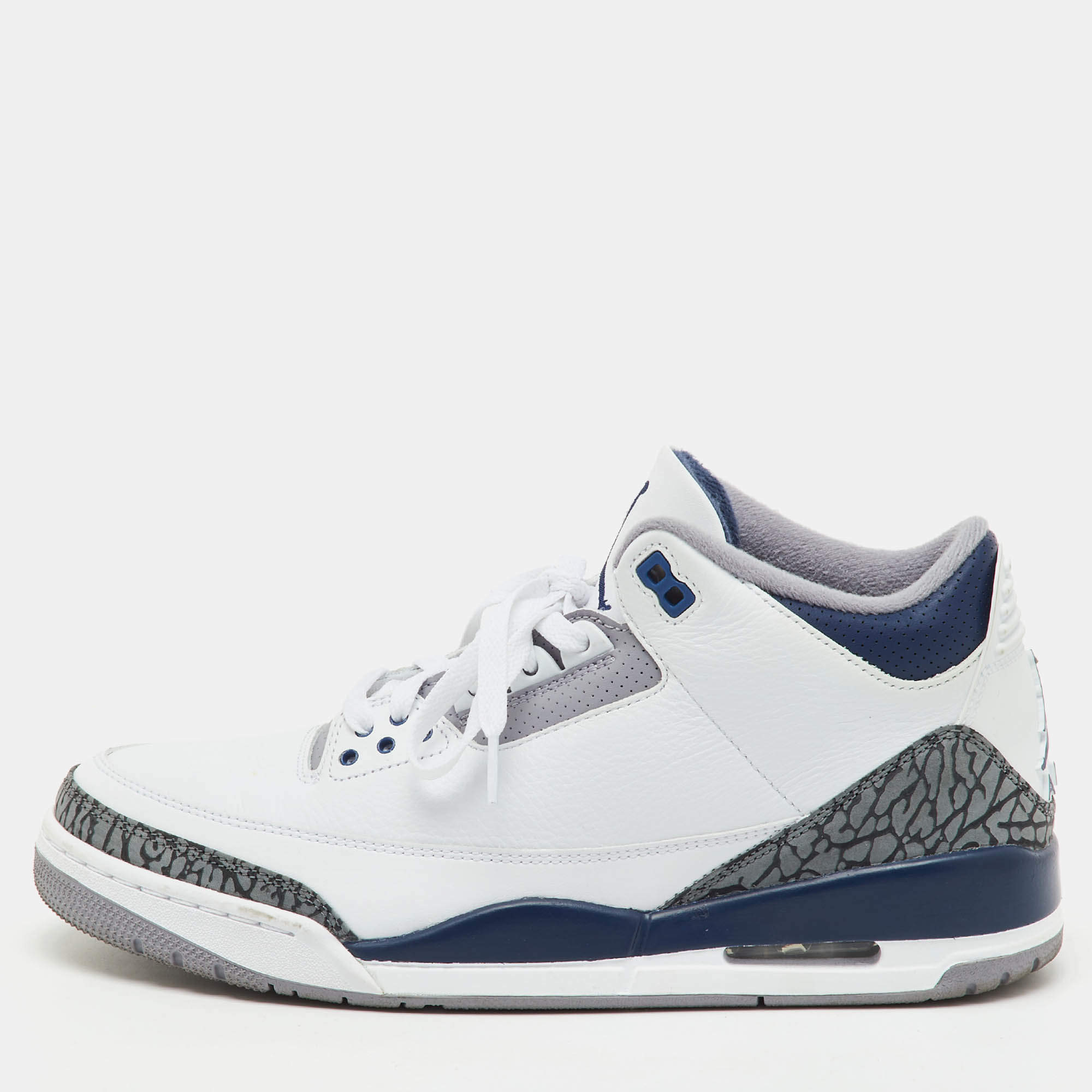Pre Owned Air Jordans White/Navy Blue Leather Jordan 3 Retro Midnight Navy Sneakers Size 45