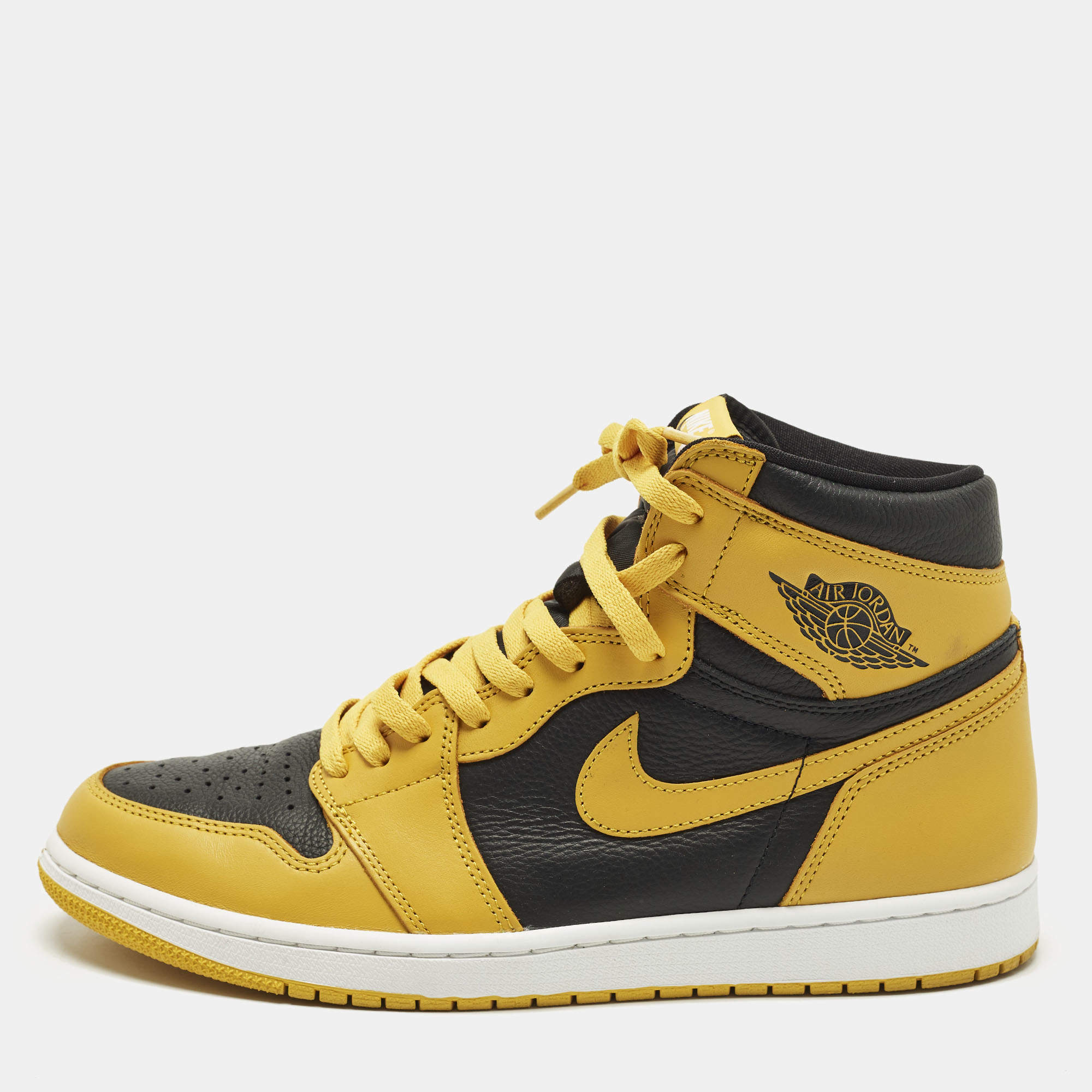 Pre Owned Air Jordans Jordan 1 Retro Pollen Size 45.5 Yellow/Black Leather High Top Sneakers