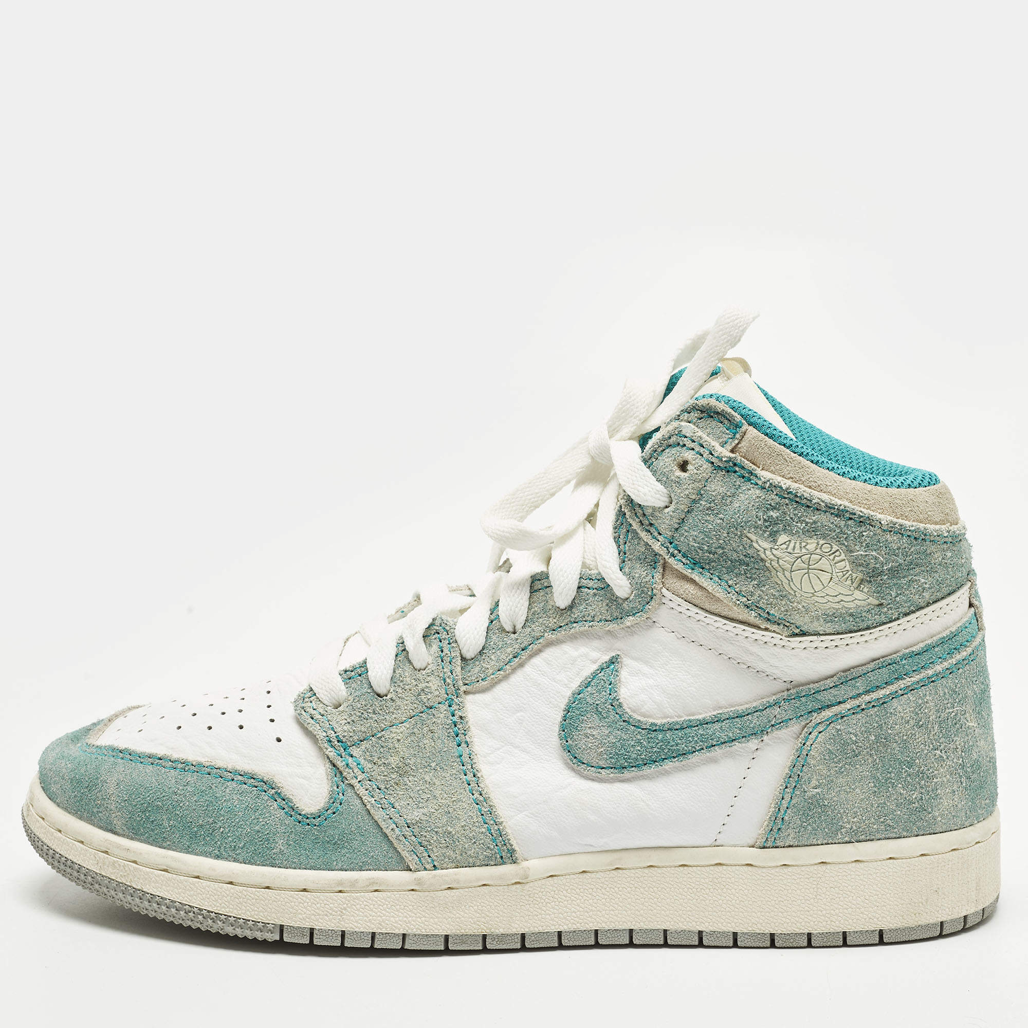 Pre Owned Air Jordans 1 Retro High Turbo Green Size 47 Green/White Suede and Leather High Top Sneakers