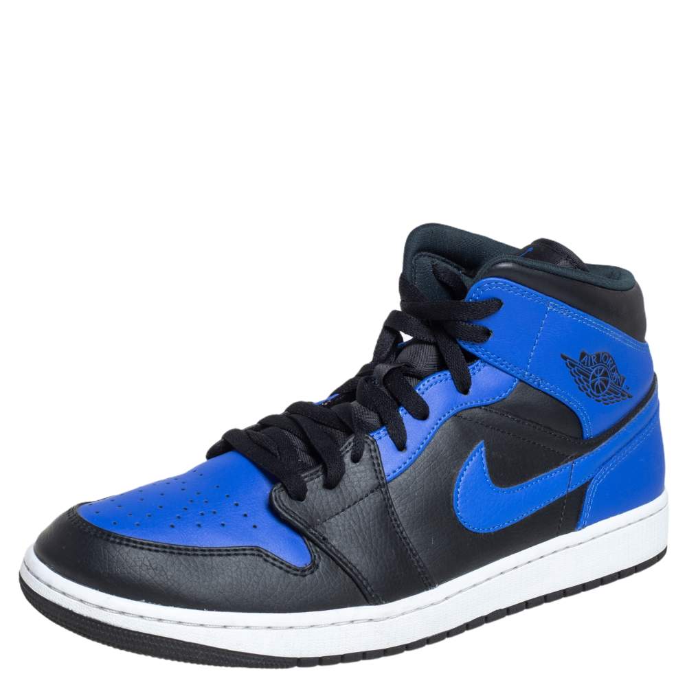 Air Jordan Black/Blue Leather and Fabric 1 Mid Sneakers Size 47.5