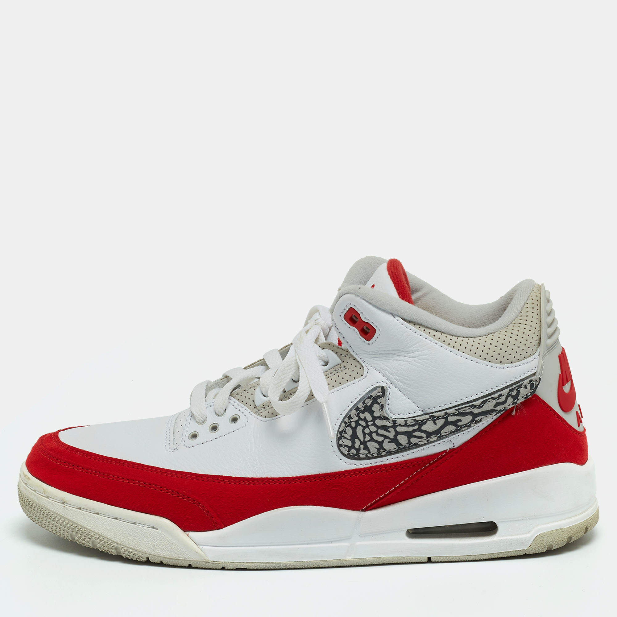 Air Jordan White/Red Leather and Suede Jordan 3 Tinker White University Red Sneakers Size 45