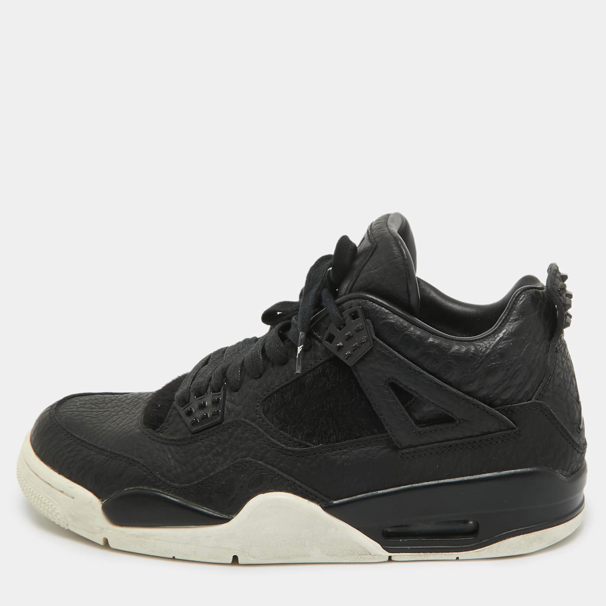 Pre Owned Air Jordans Black Leather and Pony Hair Jordan 4 Retro Sneakers Size 43