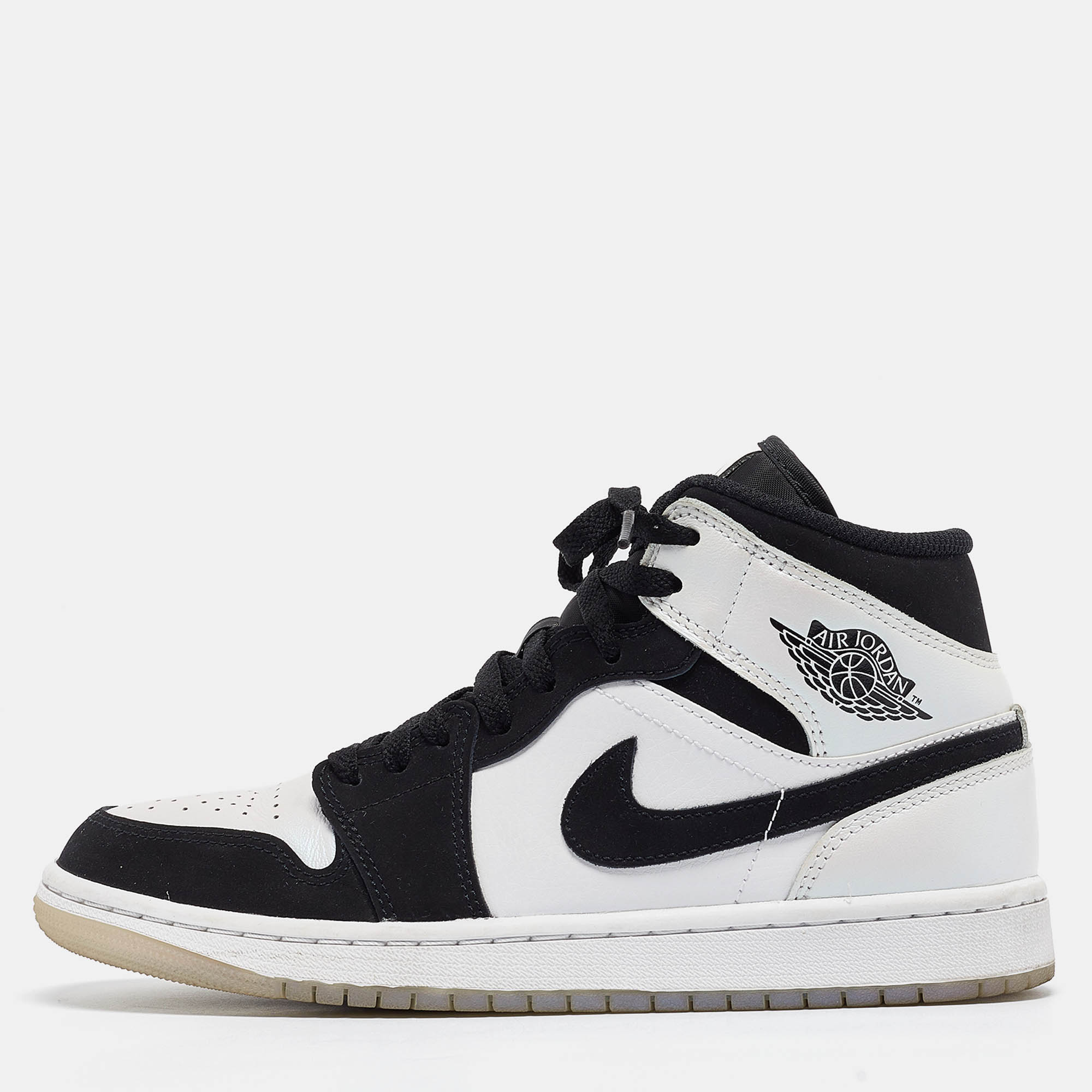 Pre Owned Air Jordans White/Black Leather Jordan 1 Mid Diamond Shorts Sneakers Size 40