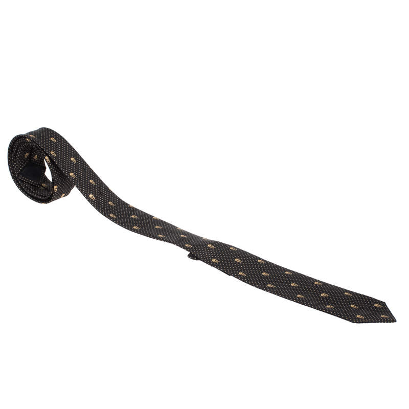 Pre Owned Alexander McQueen Black and Gold Lurex Jacquard Skull Skinny Silk Tie