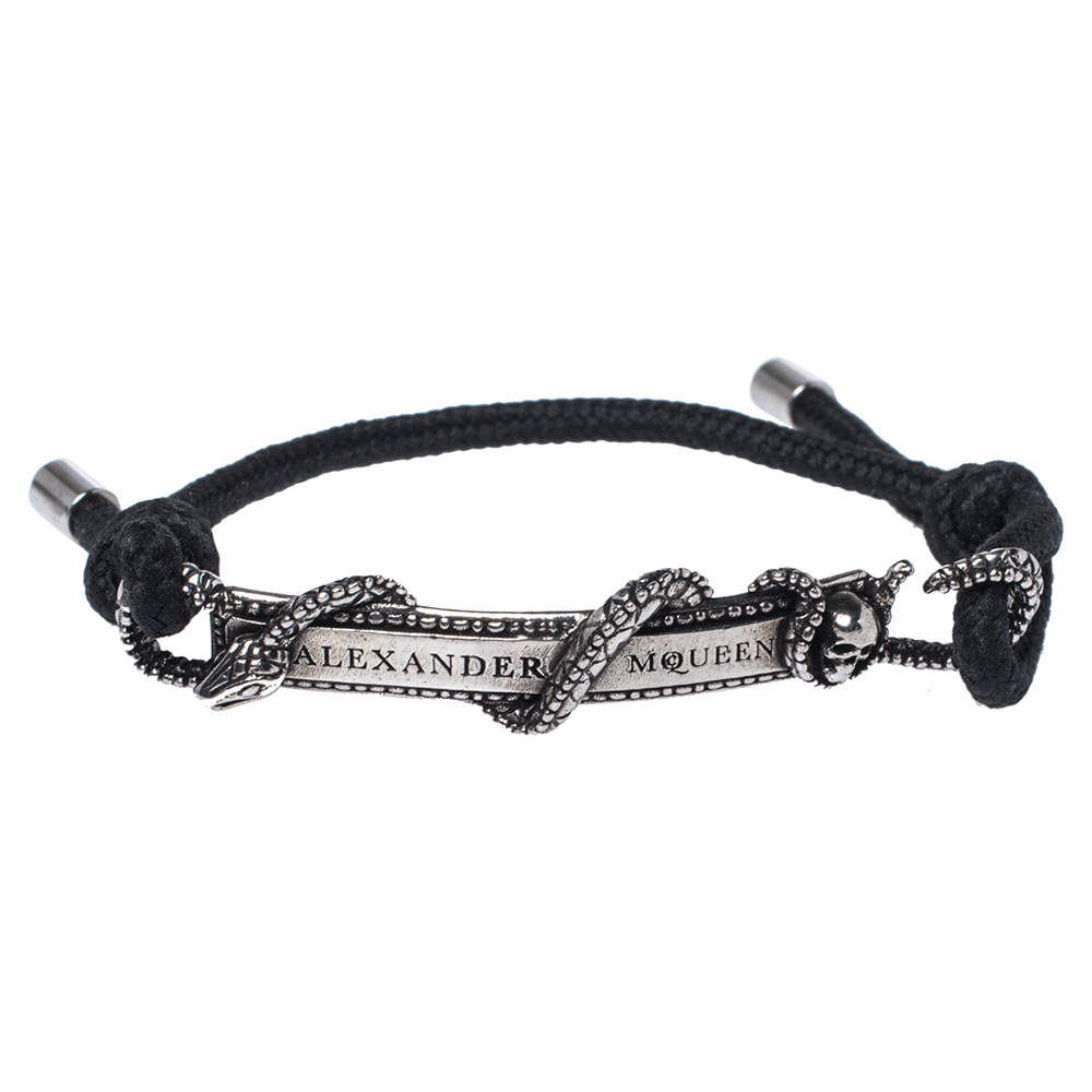 Alexander McQueen Skull Snake Bar Antique Silver Tone Adjustable Cord Bracelet