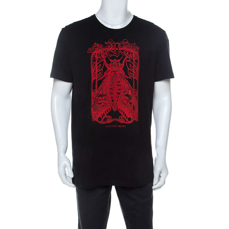 Pre Owned Alexander McQueen Black Cotton Moth Embroidered T-Shirt XXL