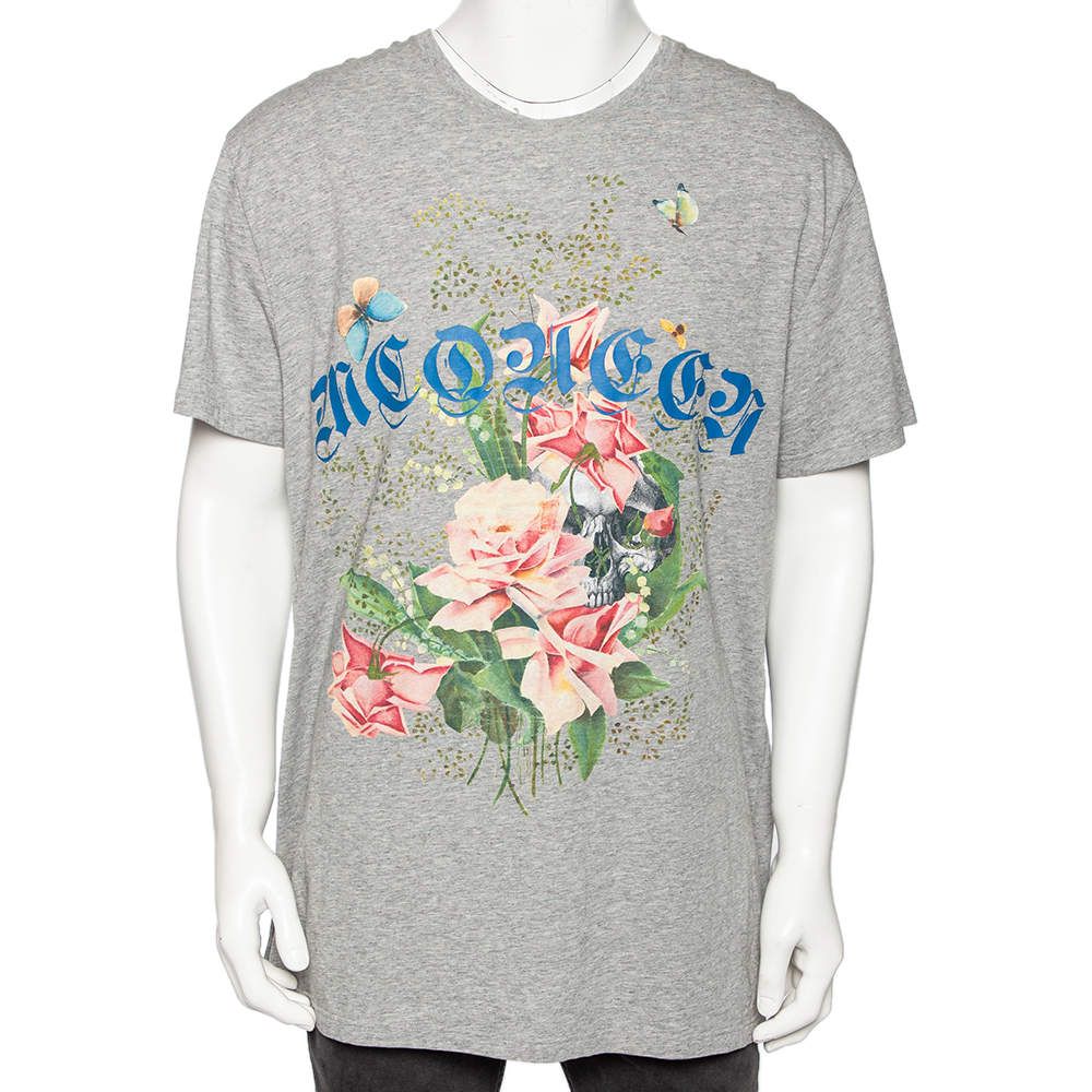 مملوكة مسبقًا Alexander McQueen Grey Cotton Printed Short Sleeve T-Shirt L